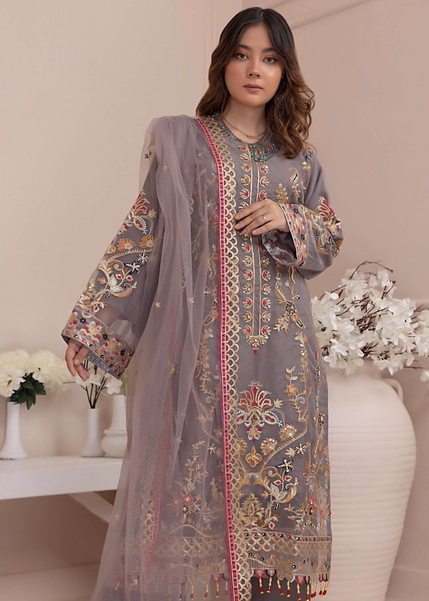 organza Kurta Set in Dark grey