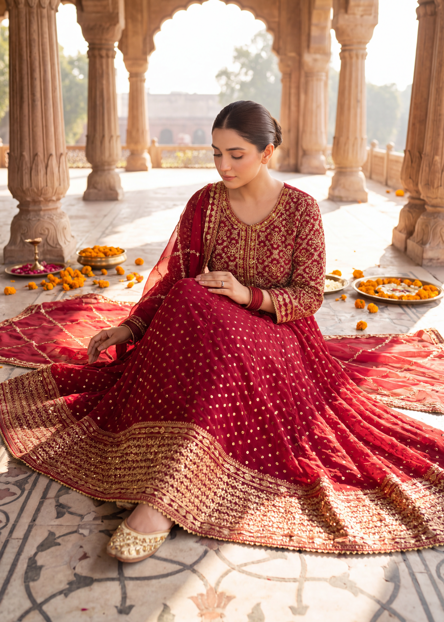 chiffon Pishwas in Crimson