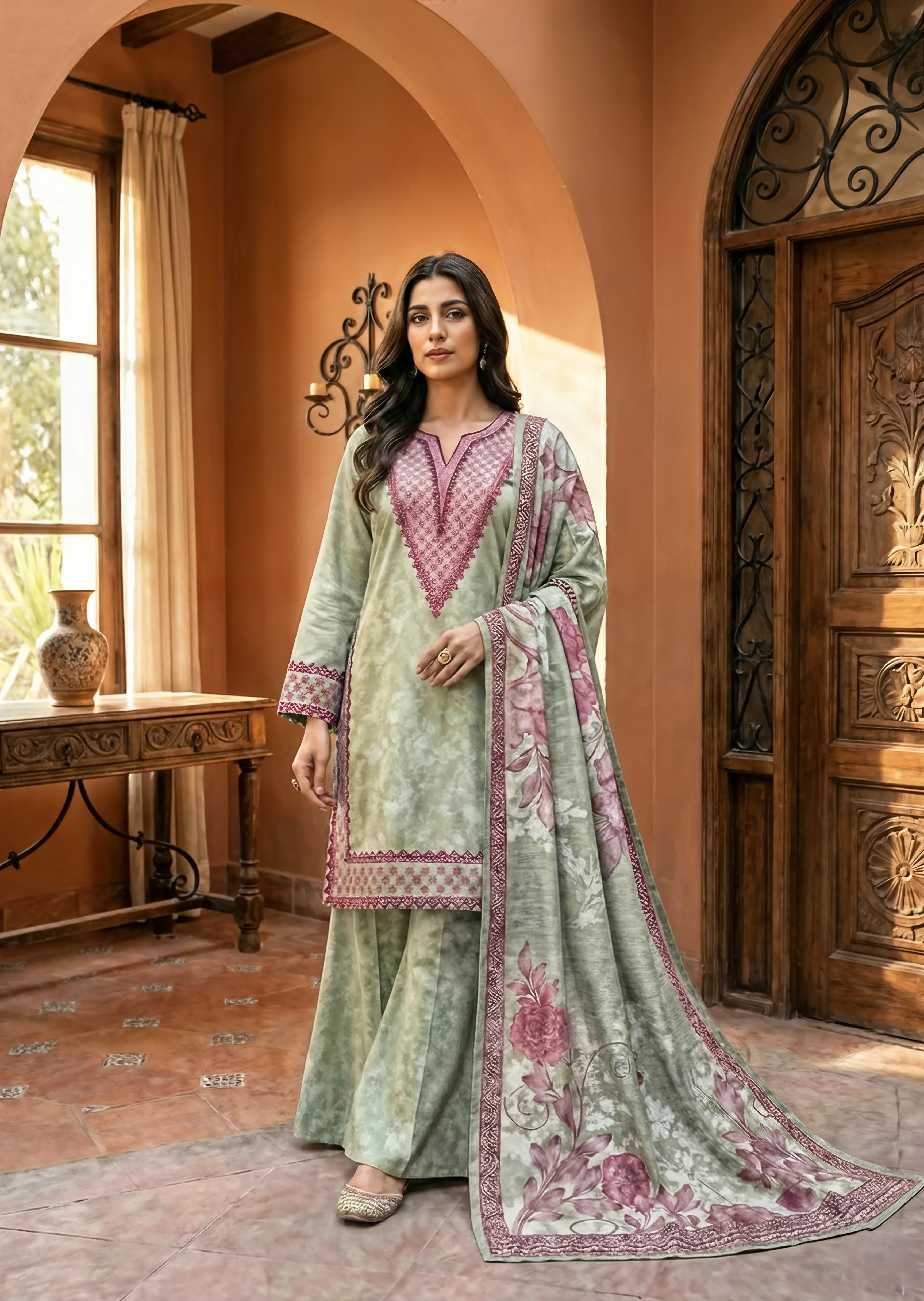poly lawn Kurta Set in Pistachio green