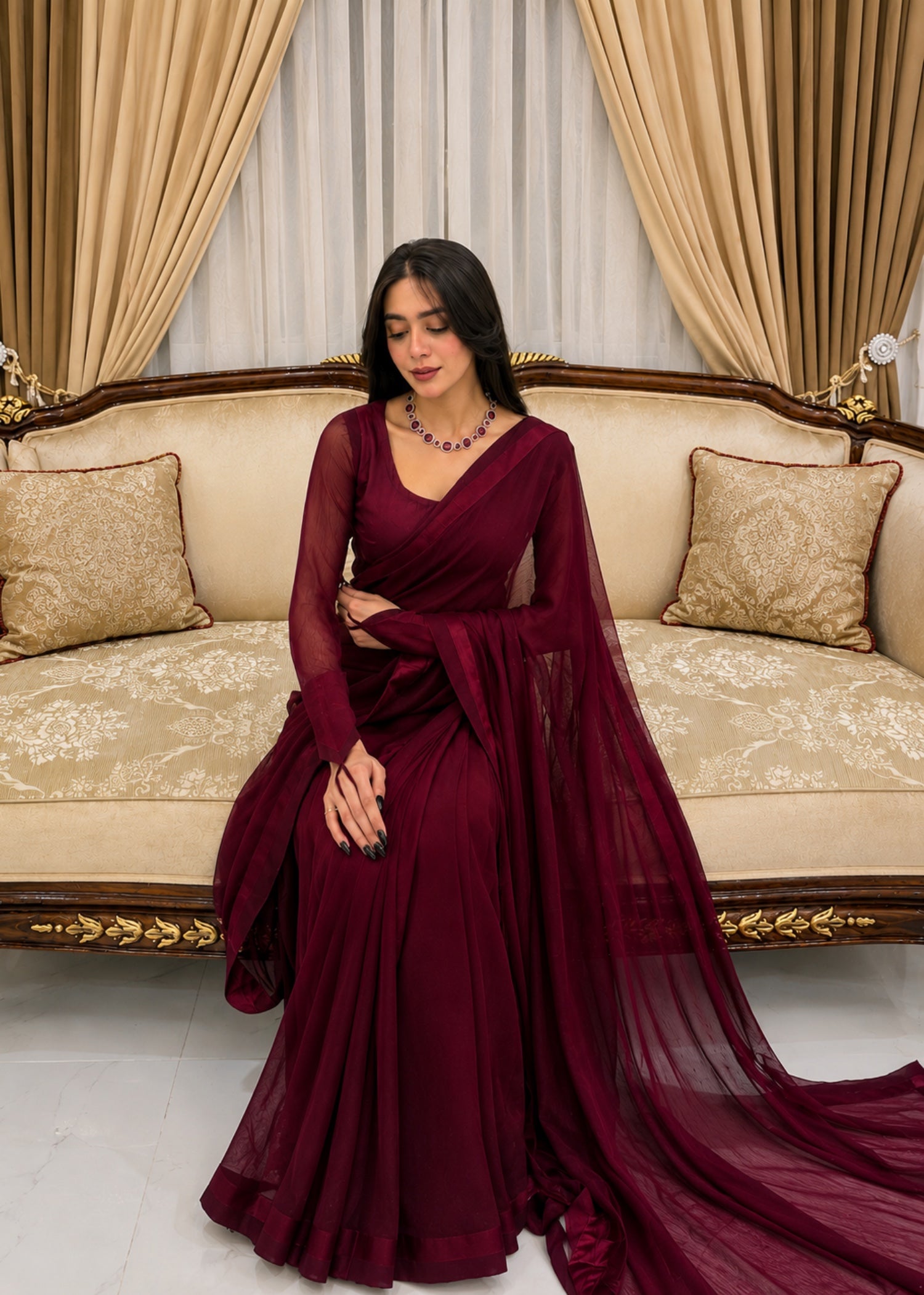 chiffon Saree in Blood red, maroon