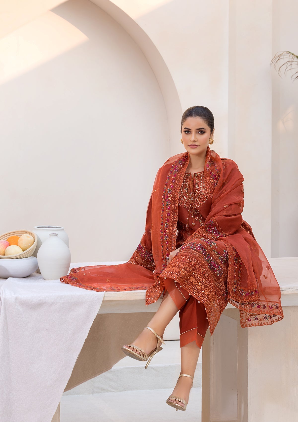 organza Kurta Set in Rust red
