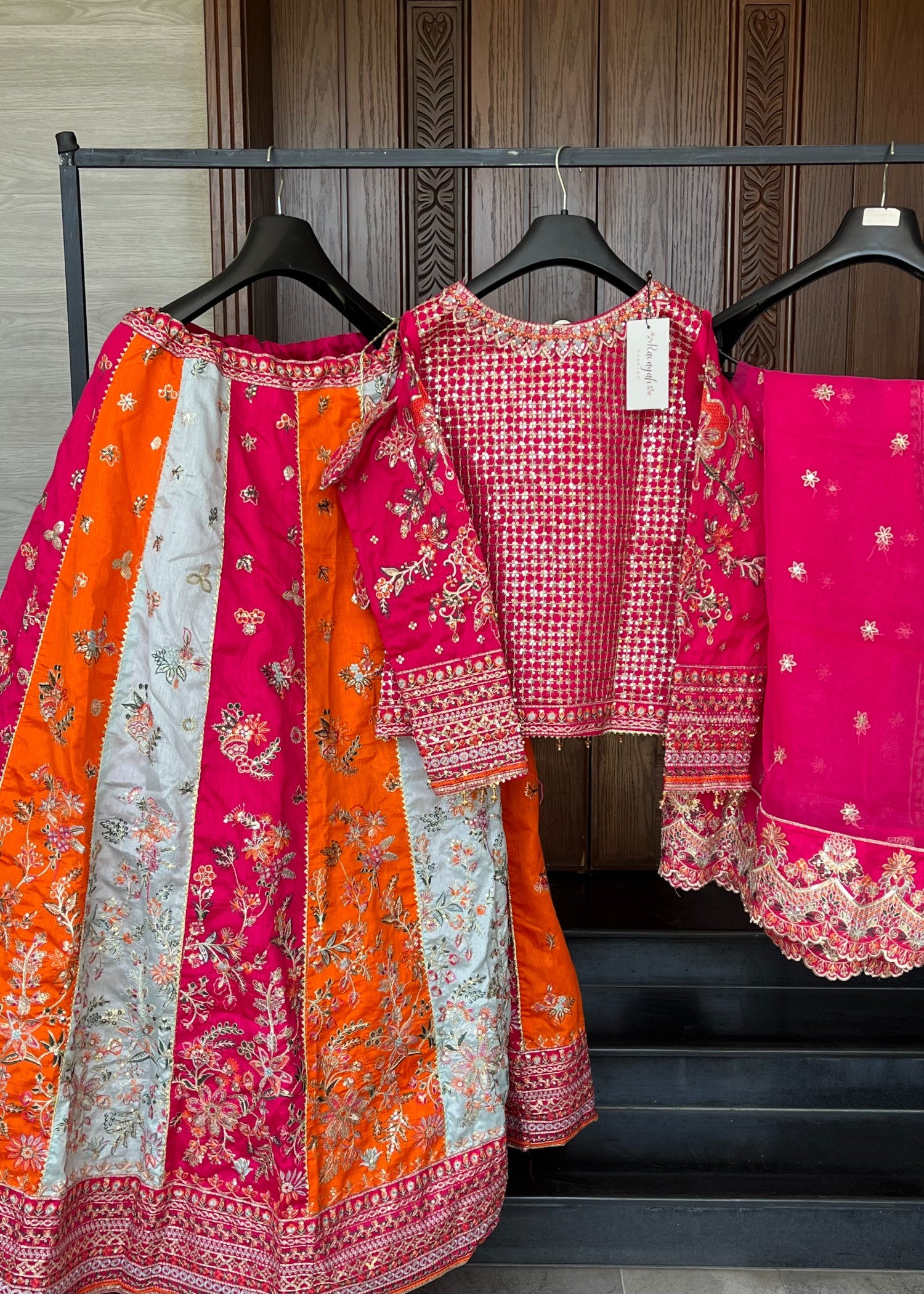 raw silk Lehenga in Shocking pink, multi