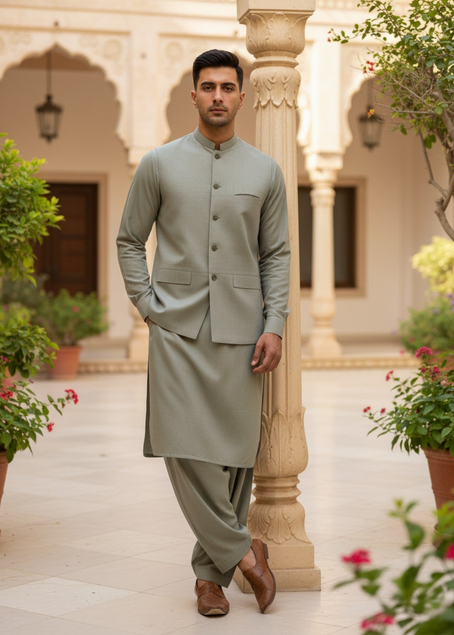 wash & wear Waistcoat in Sage green