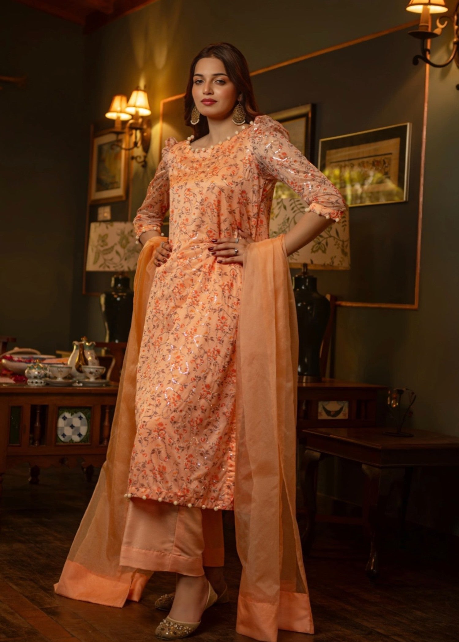 khaddi net Kurta Set in Peach pink