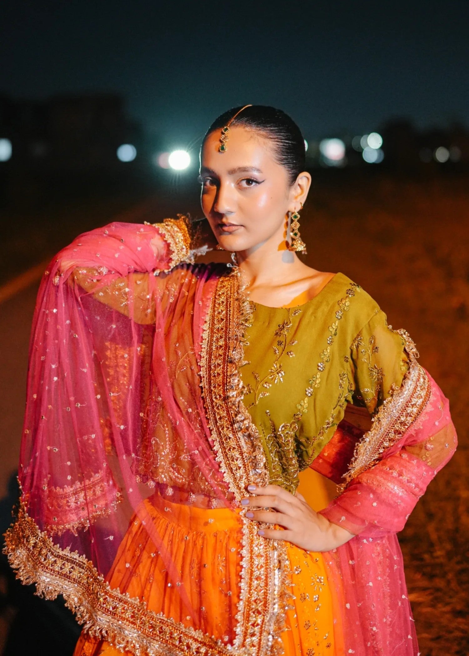 bemberg crinkle chiffon Lehenga in Hot pink, olive green, orange