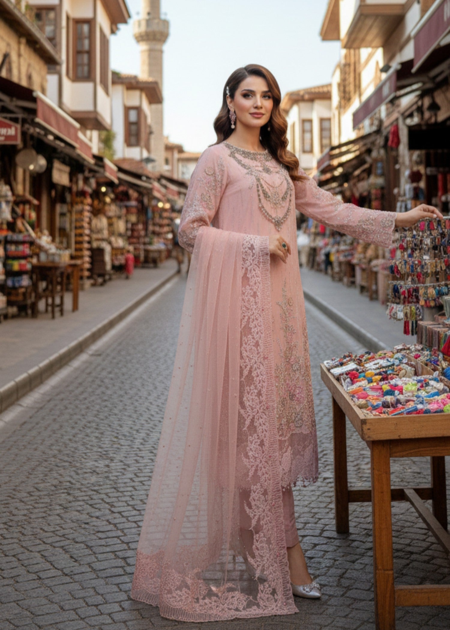 crinkle chiffon Kurta Set in Light pink