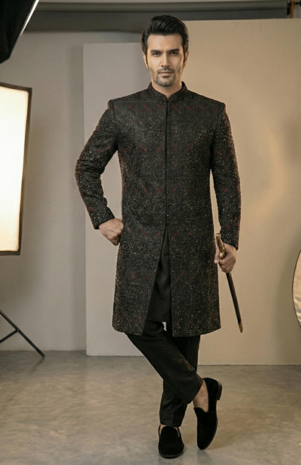 silk Sherwani in Black, gold, maroon