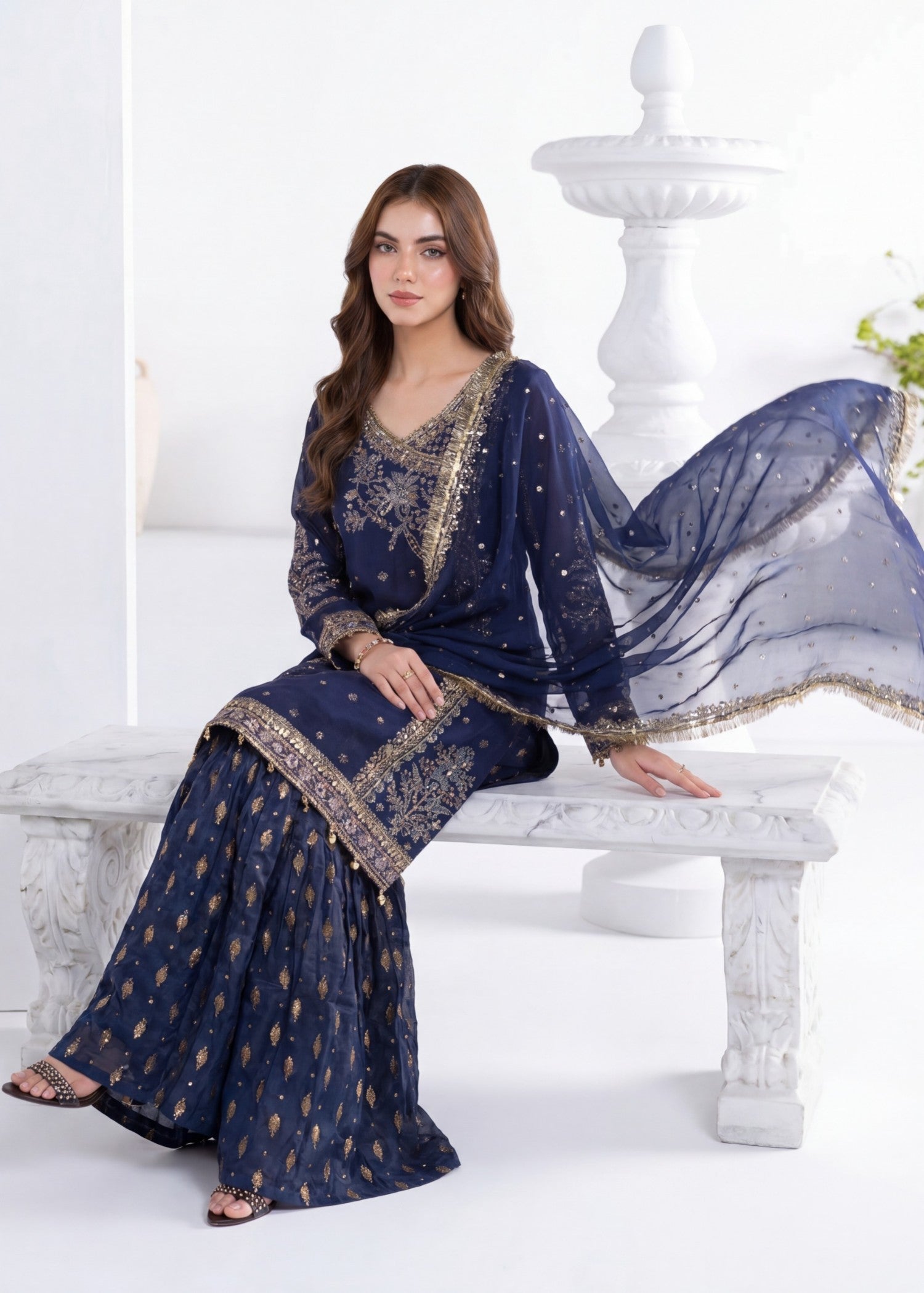 chiffon Gharara in Navy blue