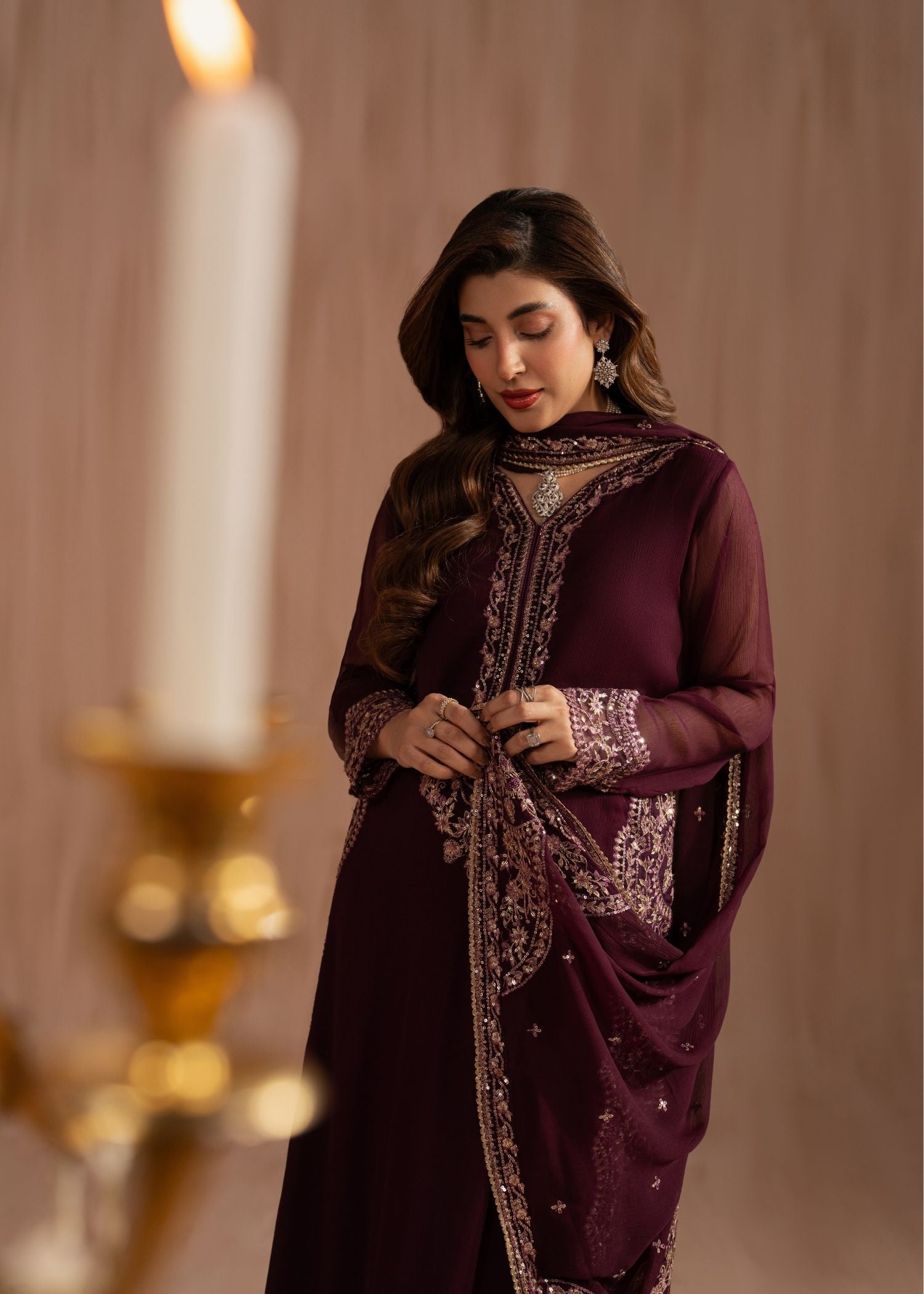 bemberg crinkle chiffon Kurta Set in Royal amethyst