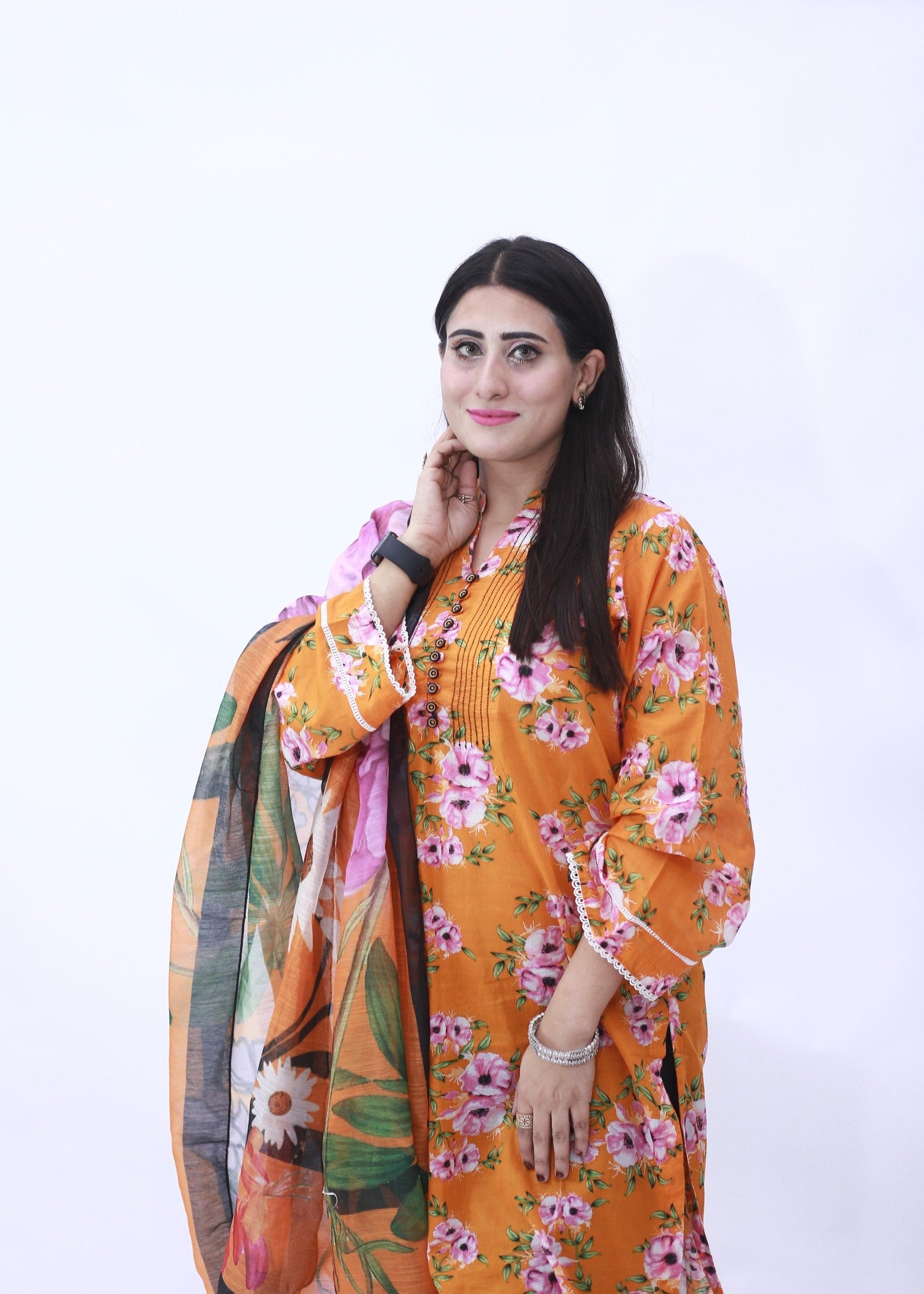 lawn Kurta Set in Mandarin orange