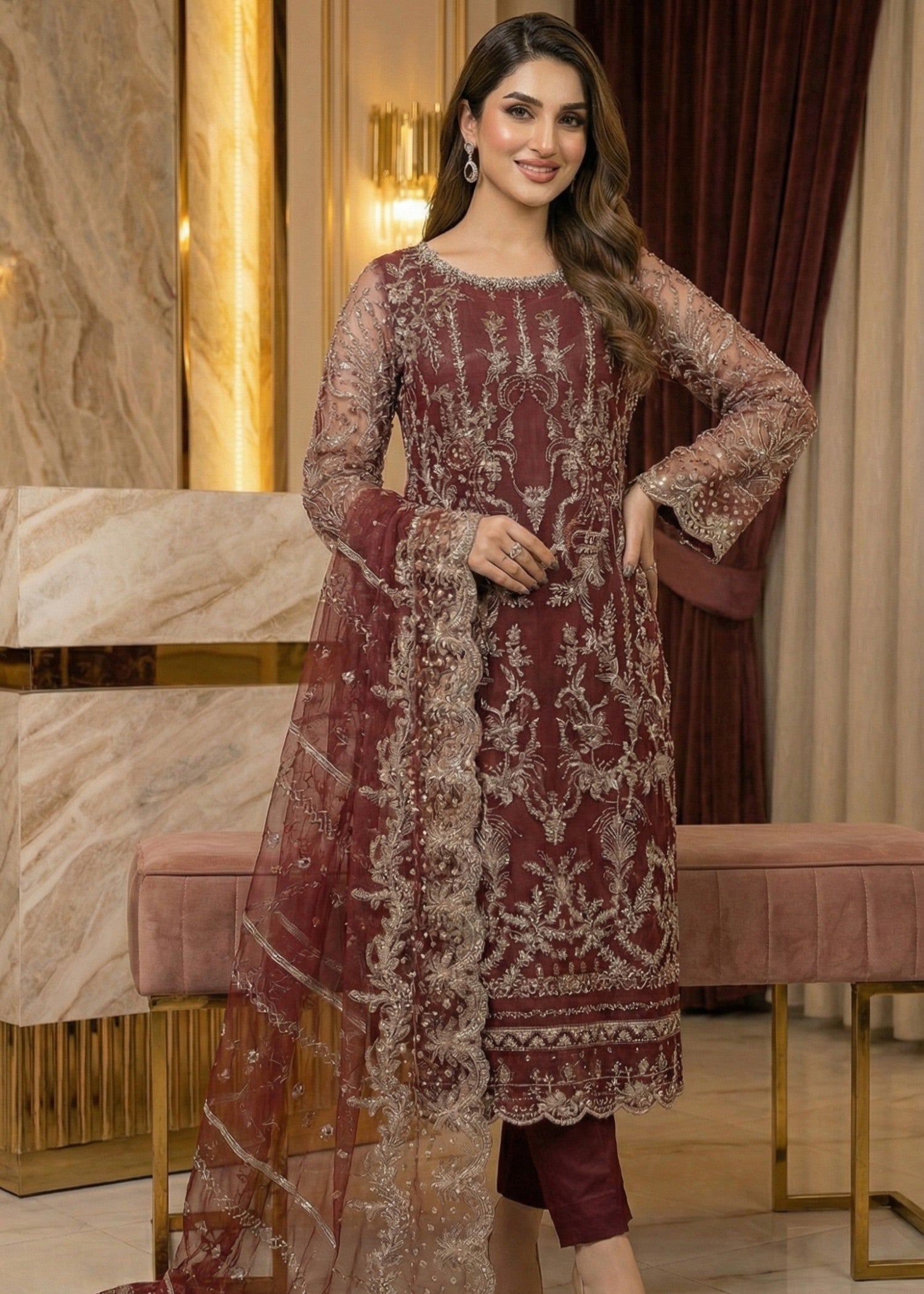 net Kurta Set in Burgundy