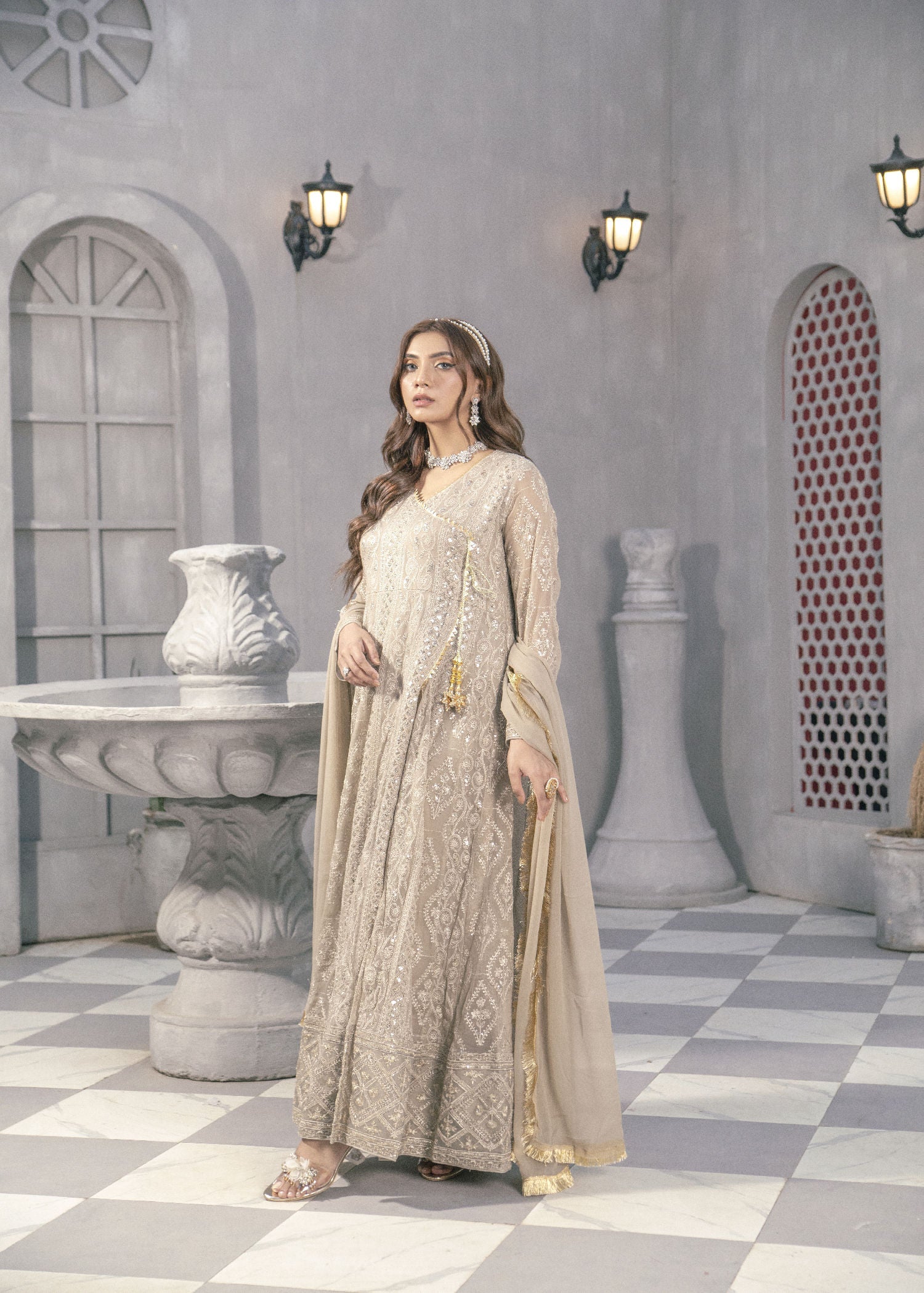 chiffon Angrakha in Beige
