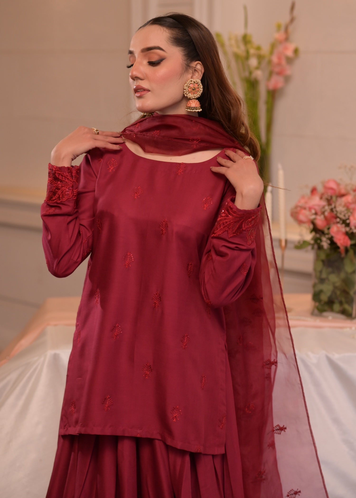 irish linen Sharara in Berry red