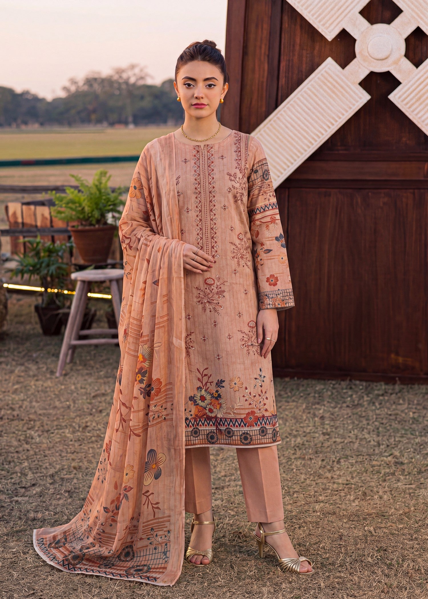 karandi Unstitched in Peach pink