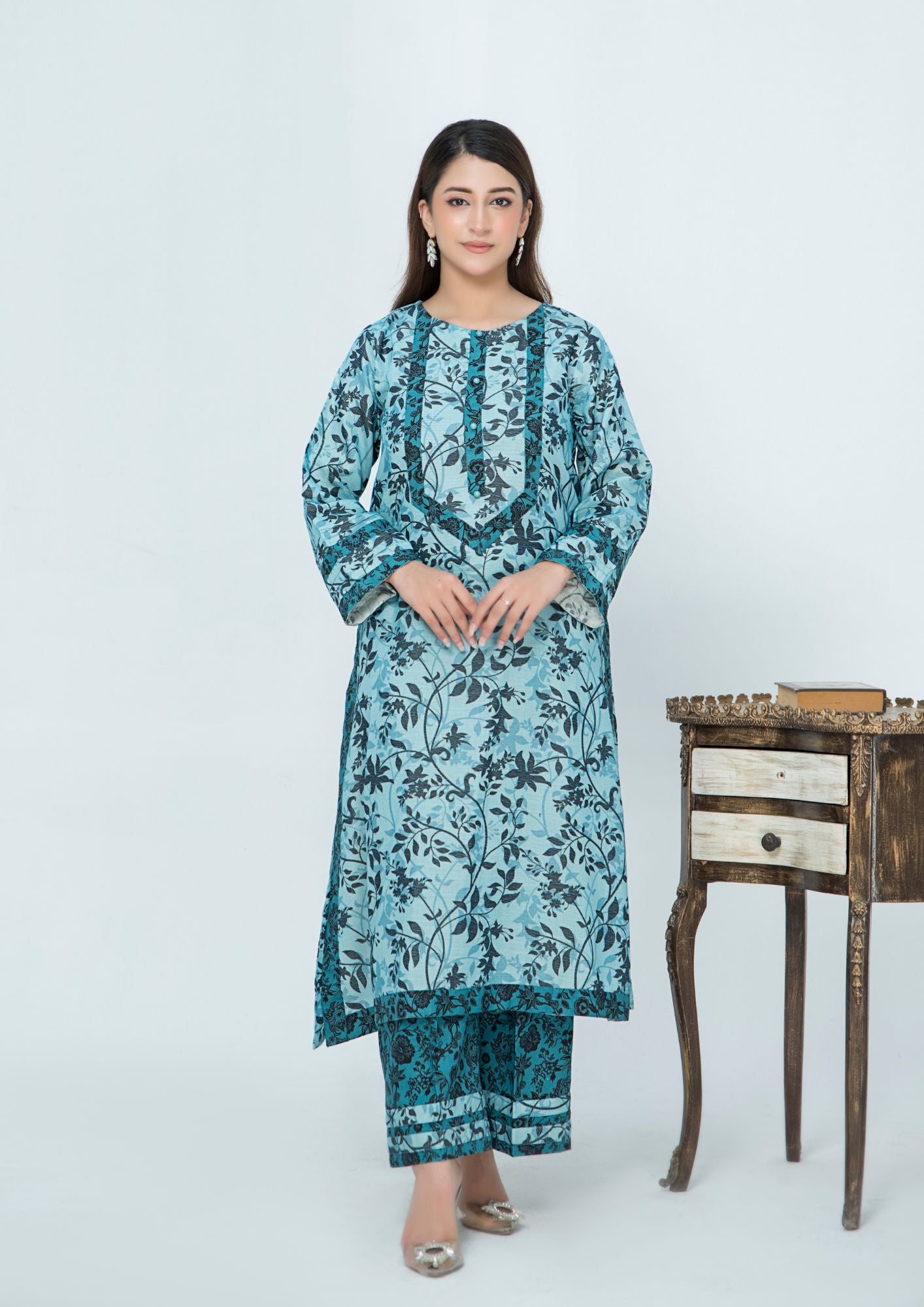 slub khaddar Kurta Set in Aquamarine