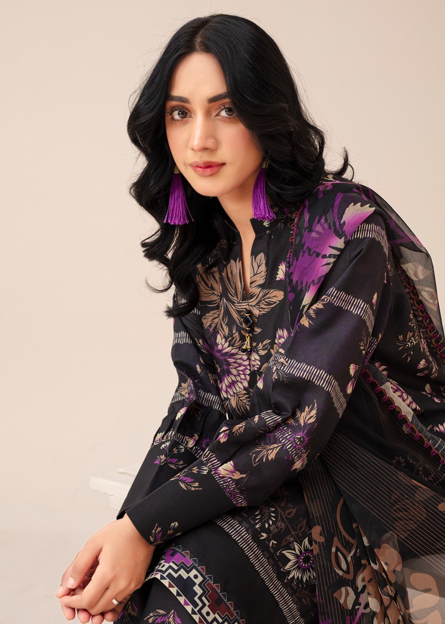poly lawn Kurta Set in Charcoal black
