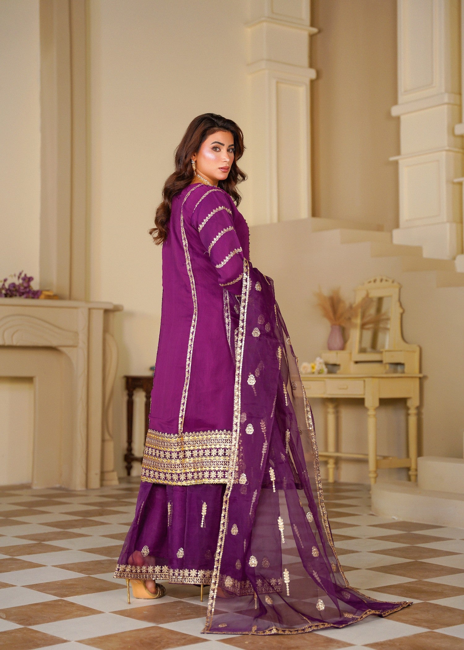 chiffon Sharara in Purple, gold