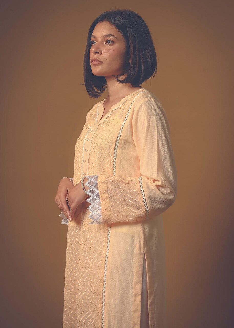 ribbed lawn Kurti in Peach pink