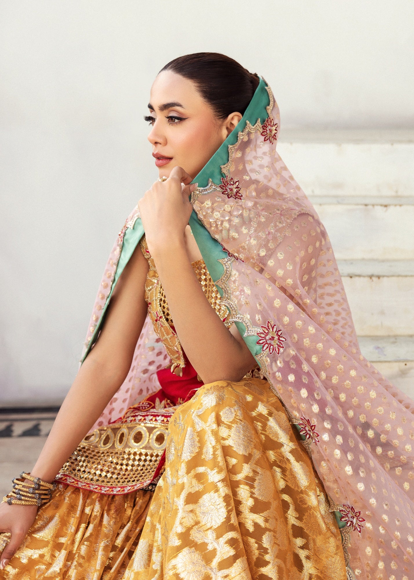 organza Gharara in Scarlet
