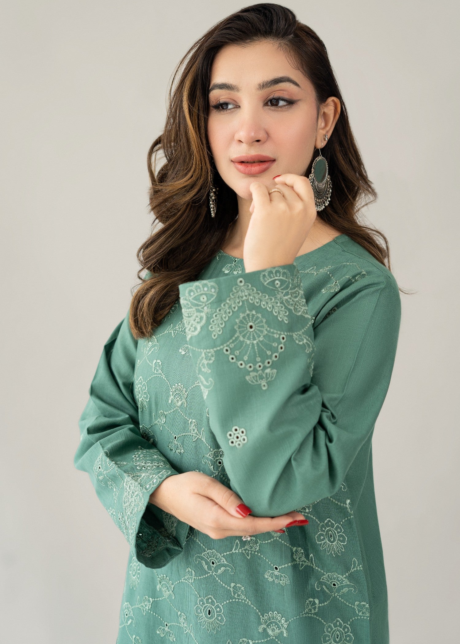 slub khaddar Kurta Set in Sea green