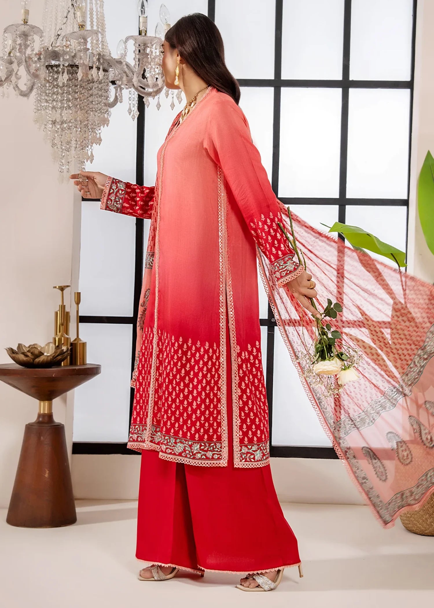 raw silk Unstitched in Coral pink