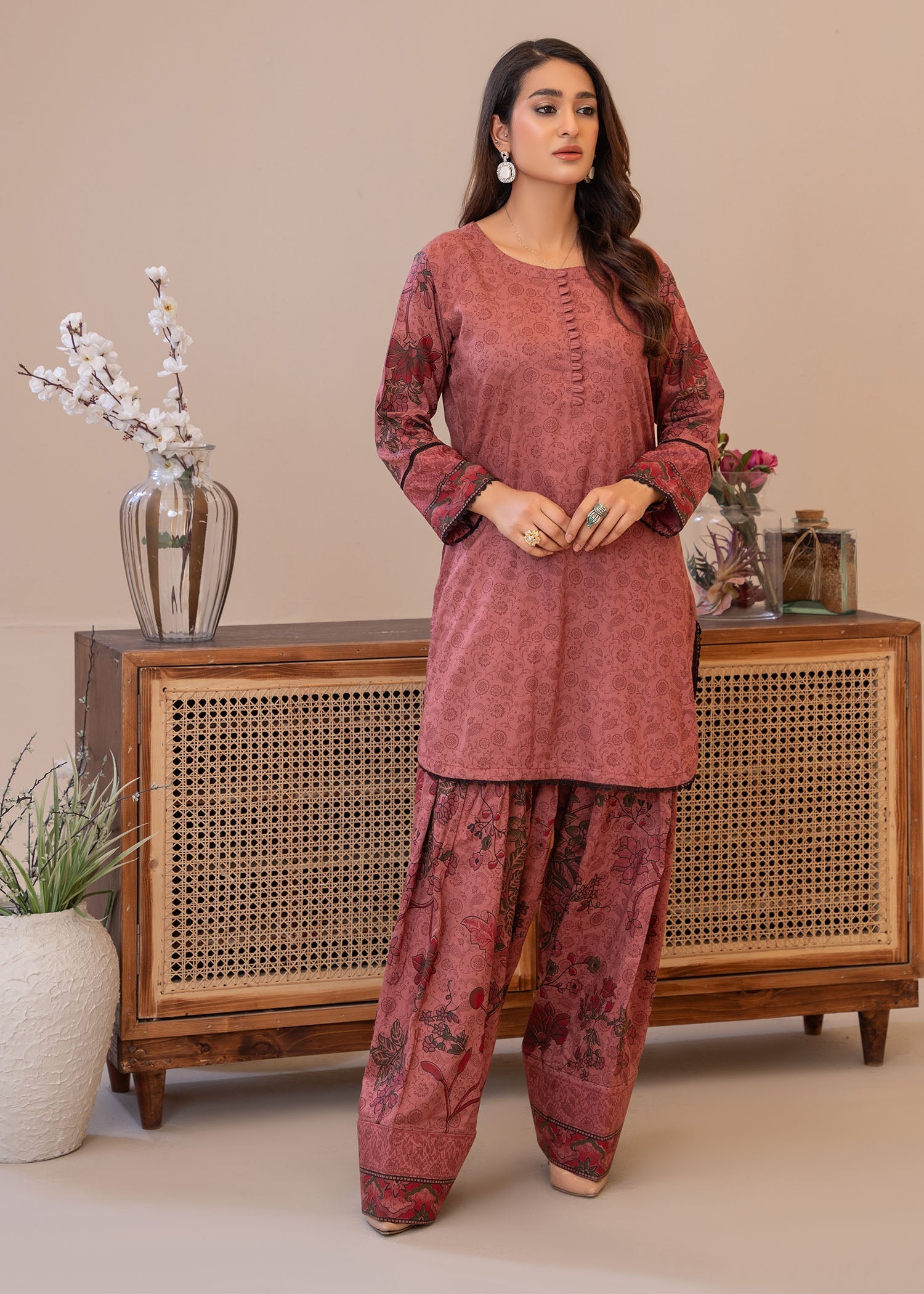 lawn Kurta Set in Tawny brown