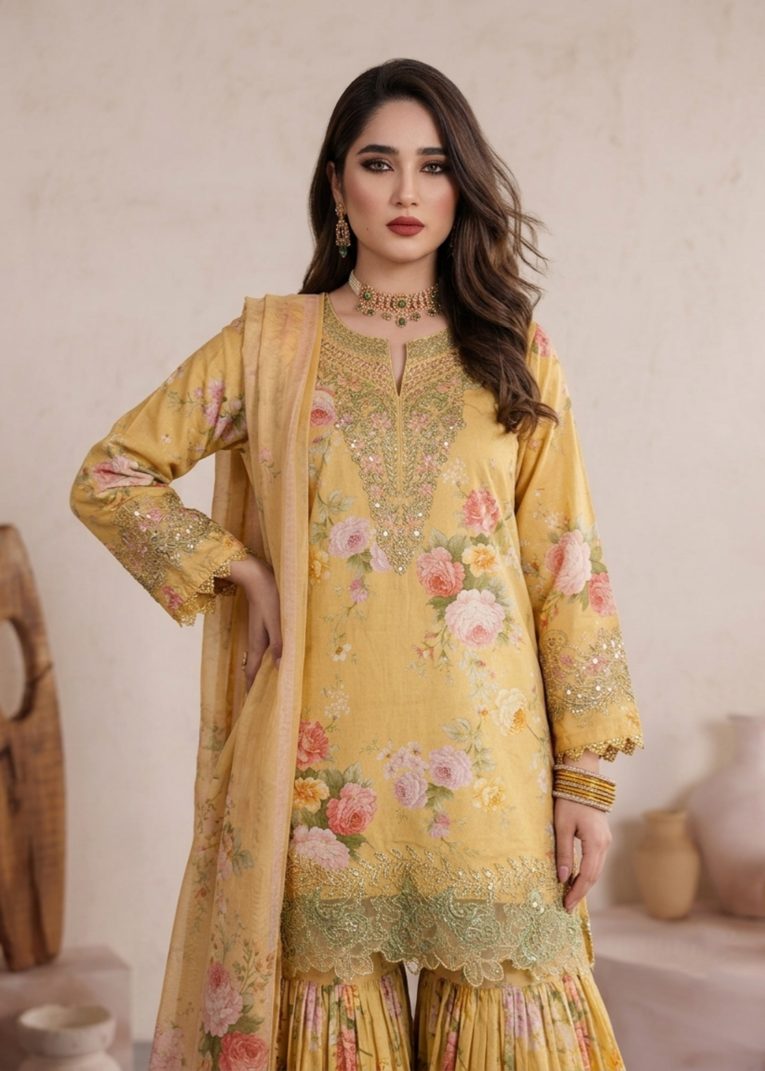 lawn Gharara in Yellow