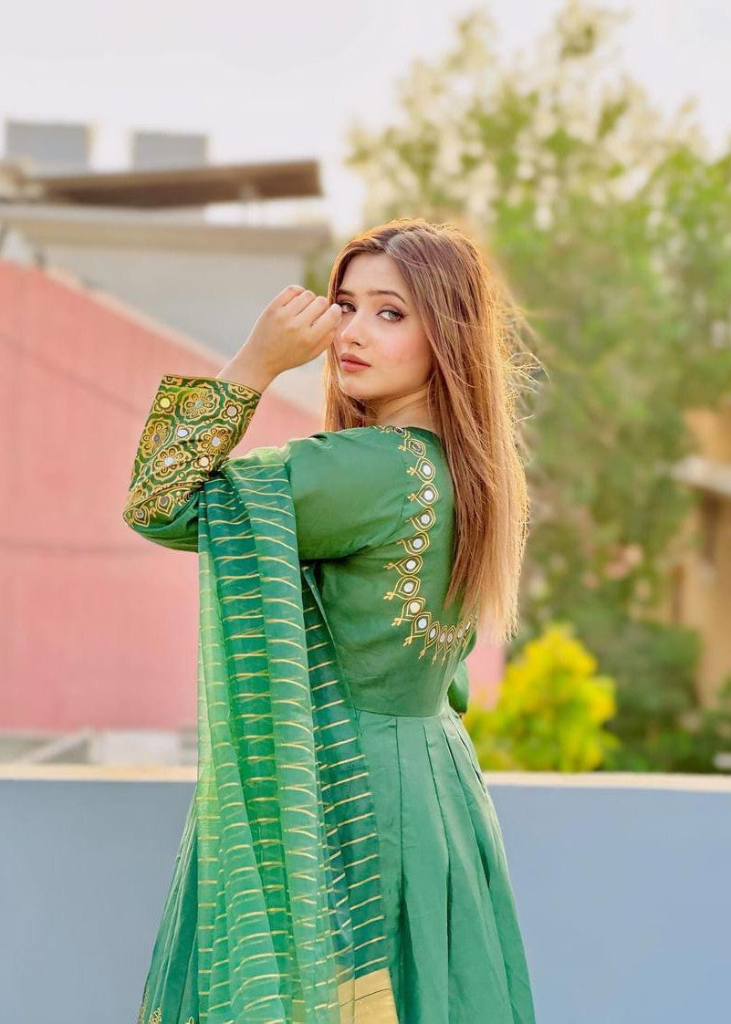 satin silk Anarkali in Green