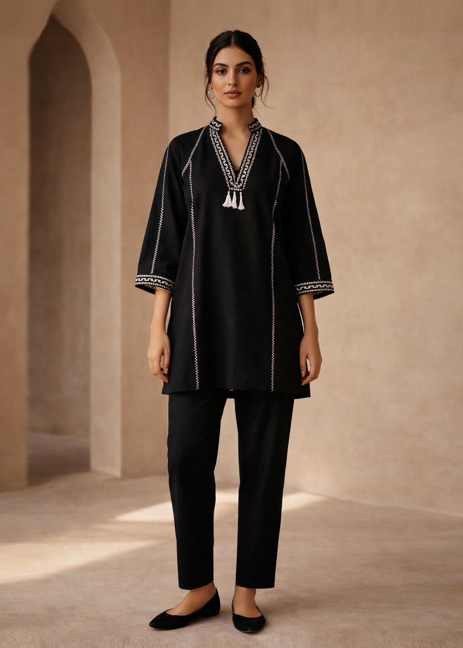 viscose linen Kurta Set in Black