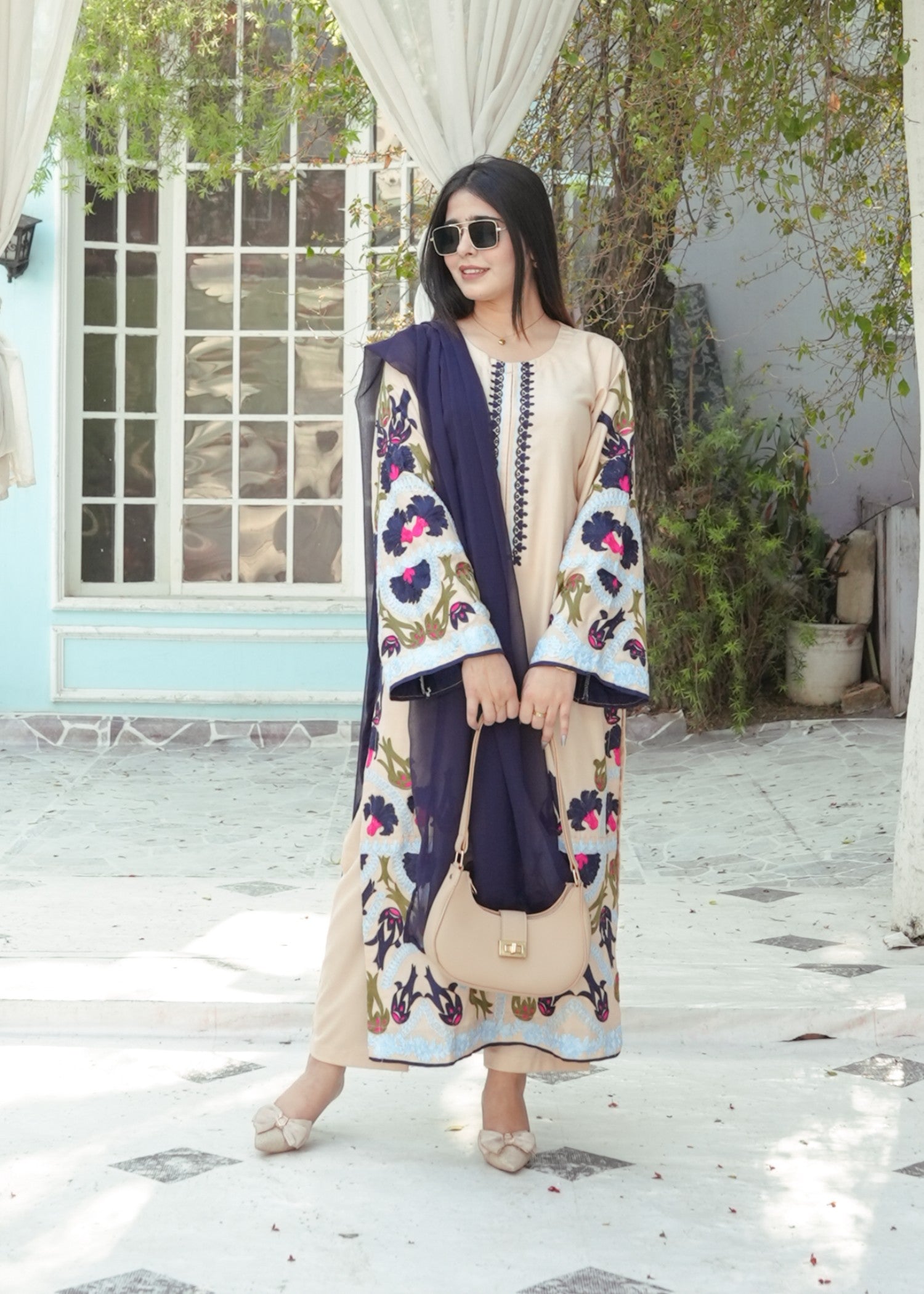 cotton Kurta Set in Beige, navy blue