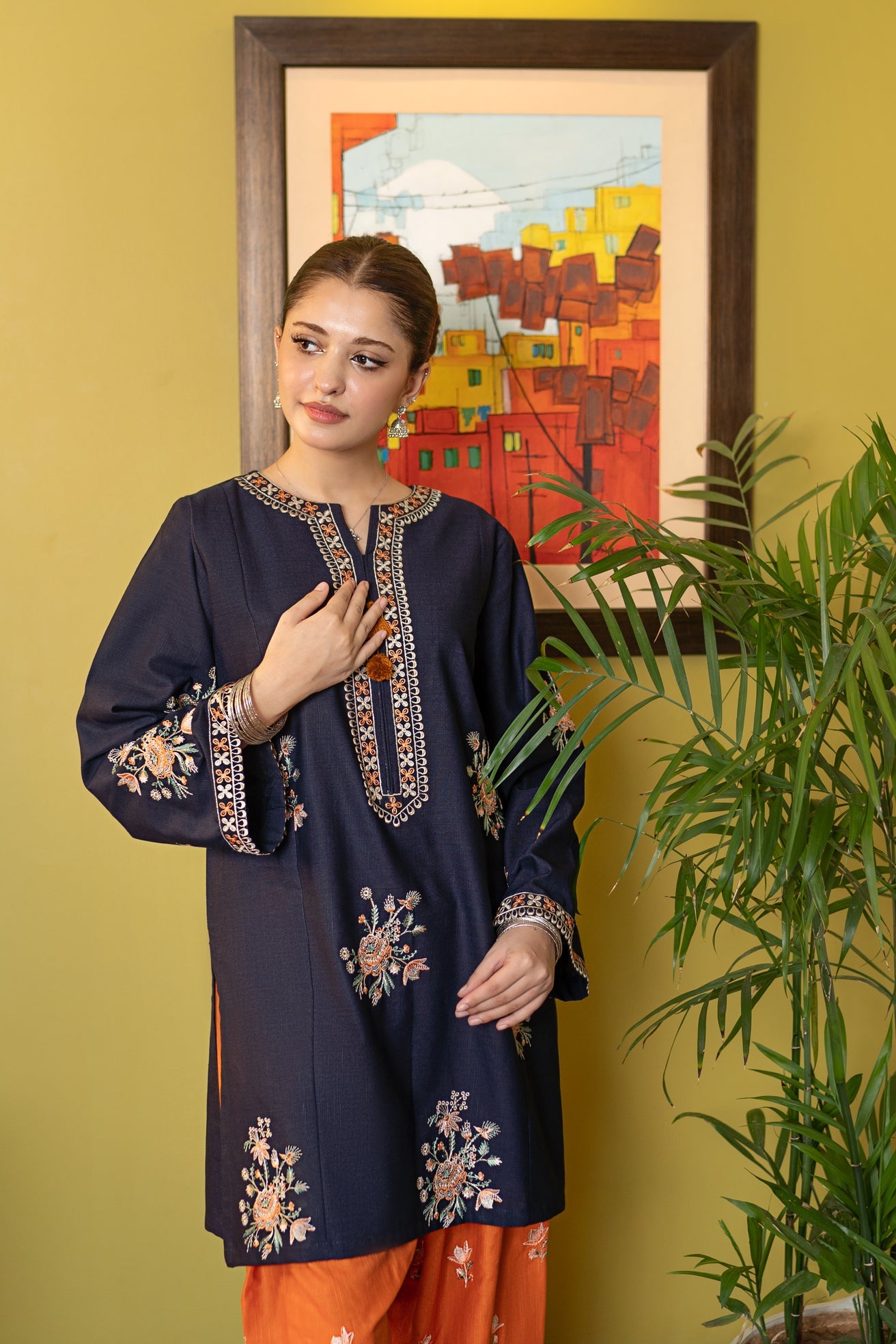slub khaddar Kurta Set in Sunset orange, aegean blue