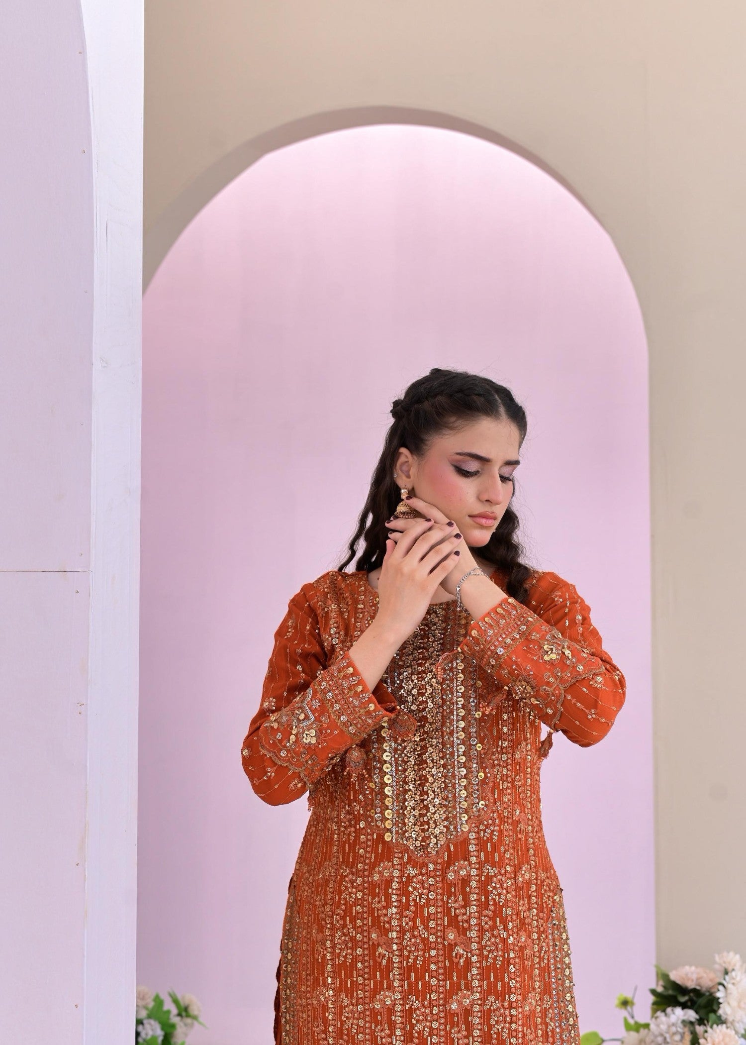 pk chiffon Kurta Set in Rust red