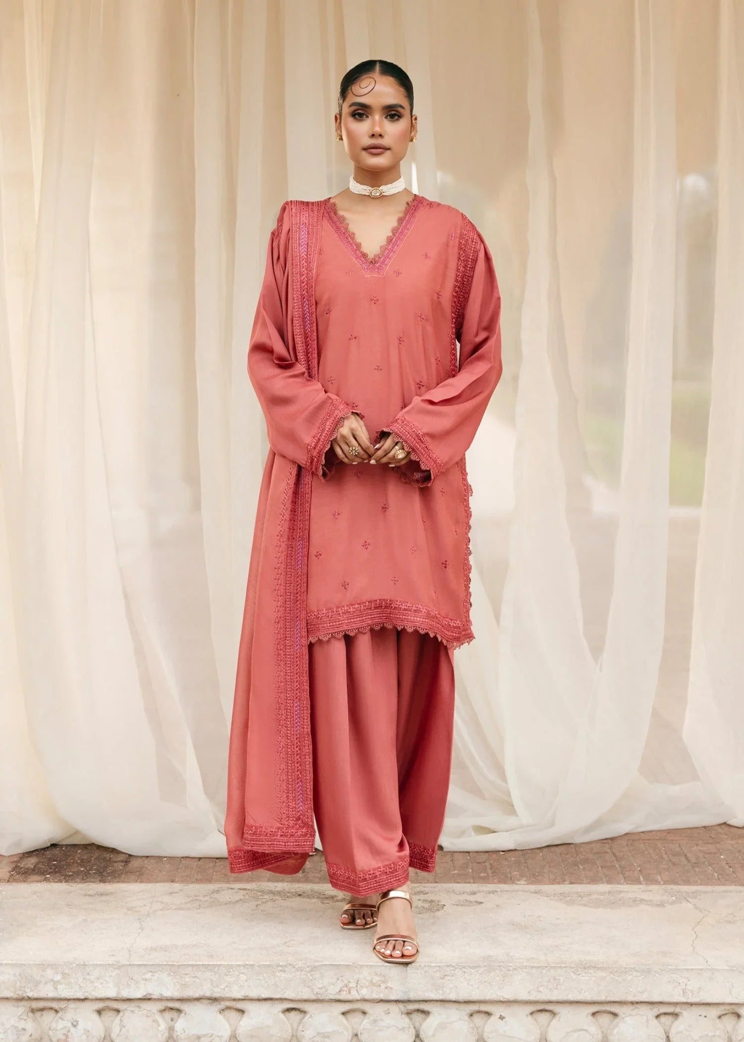 raw silk Kurta Set in Coral pink