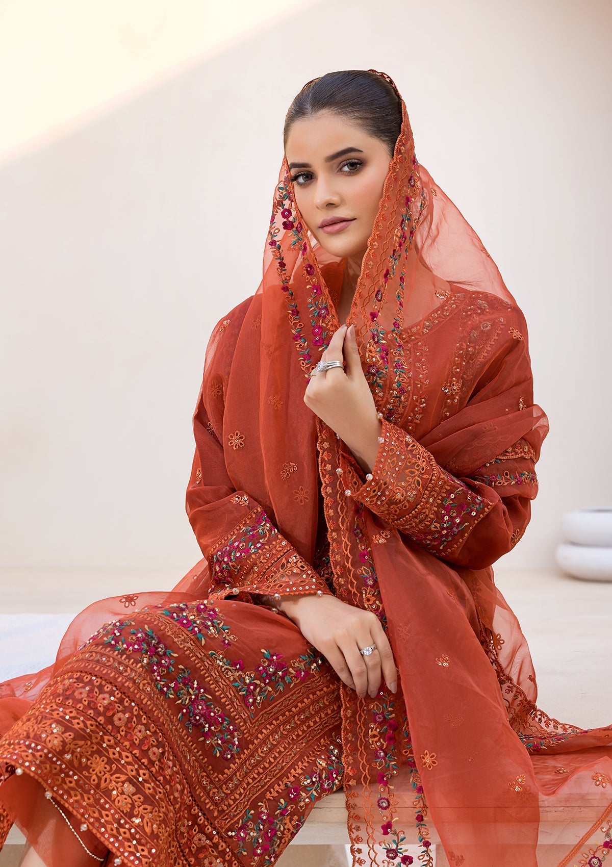 organza Kurta Set in Rust red