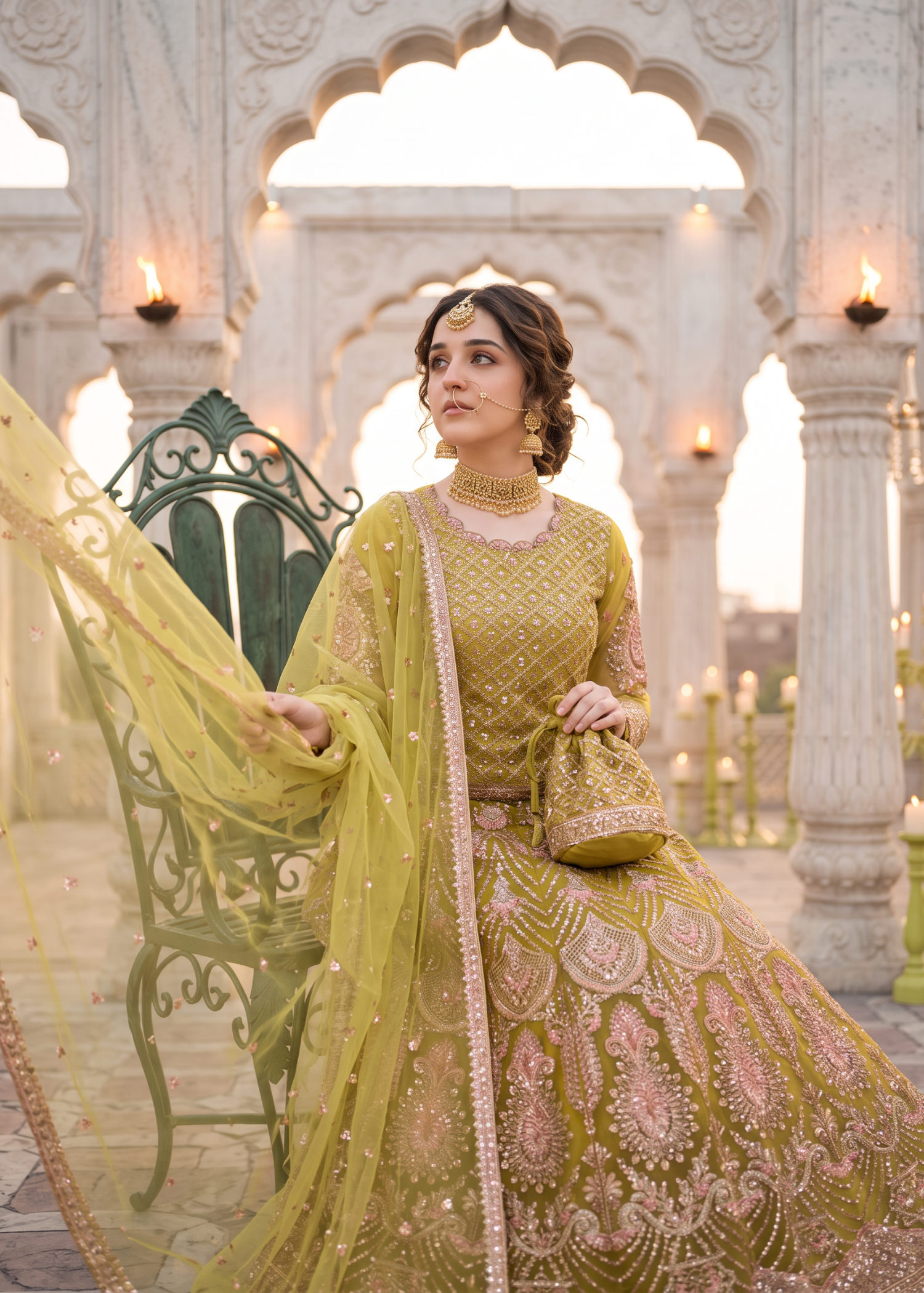 net Lehenga in Pink, pear
