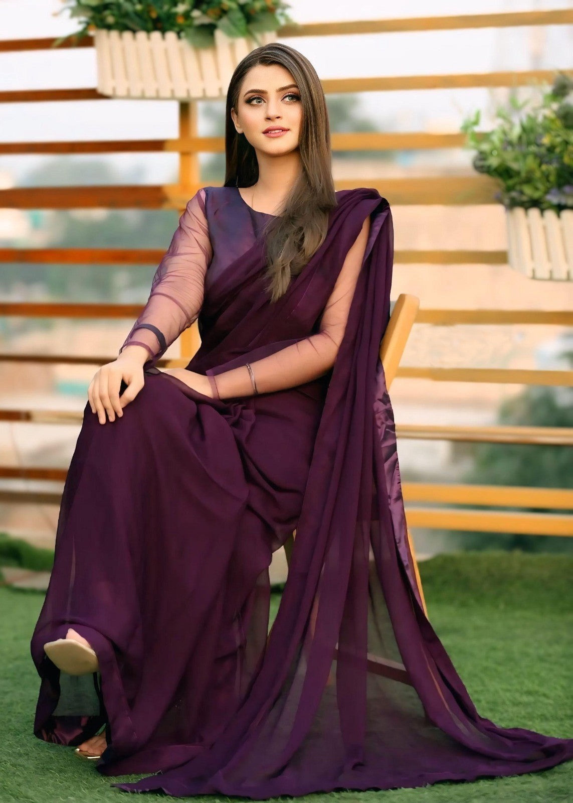 chiffon Saree in Egg plant