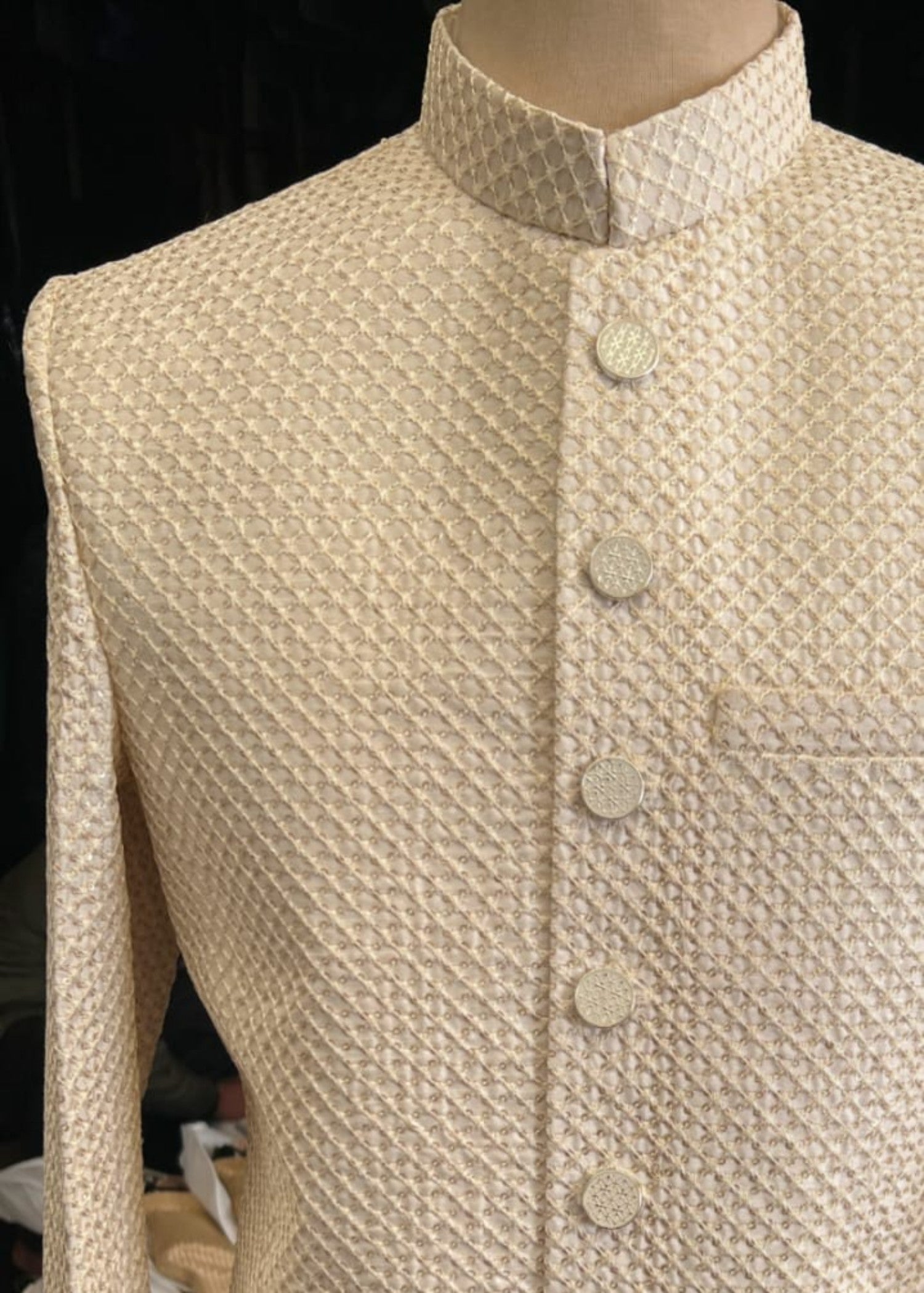 silk Sherwani in White, gold, ivory