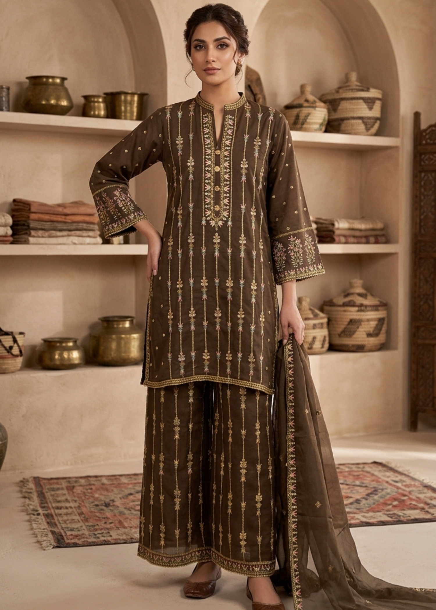 slub khaddar Kurta Set in Golden brown