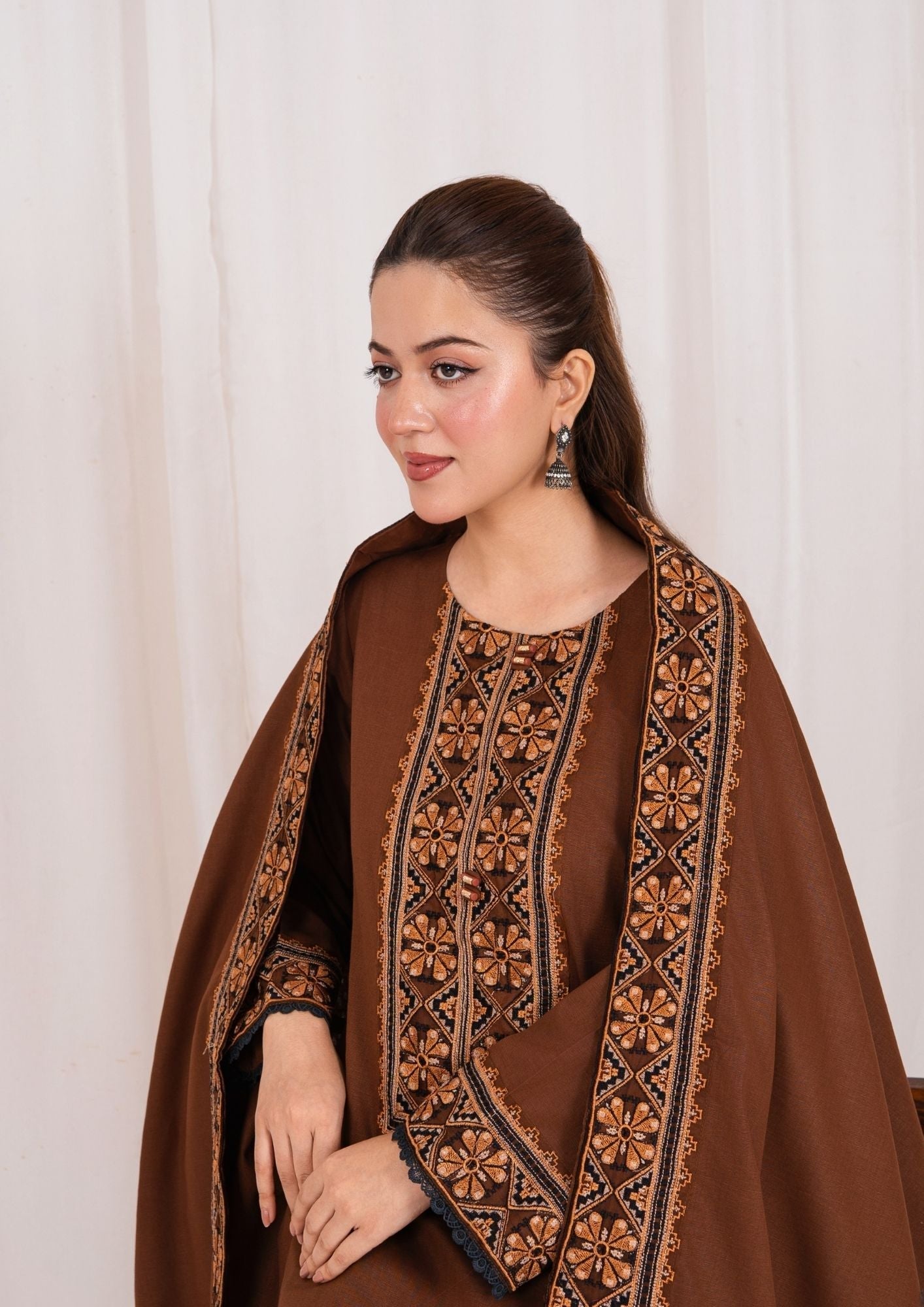 khaddar Kurta Set in Chocolate brown
