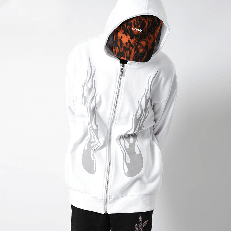 Dark Rock Reflective Flame Print Hoodie Men'S Sports Cardigan