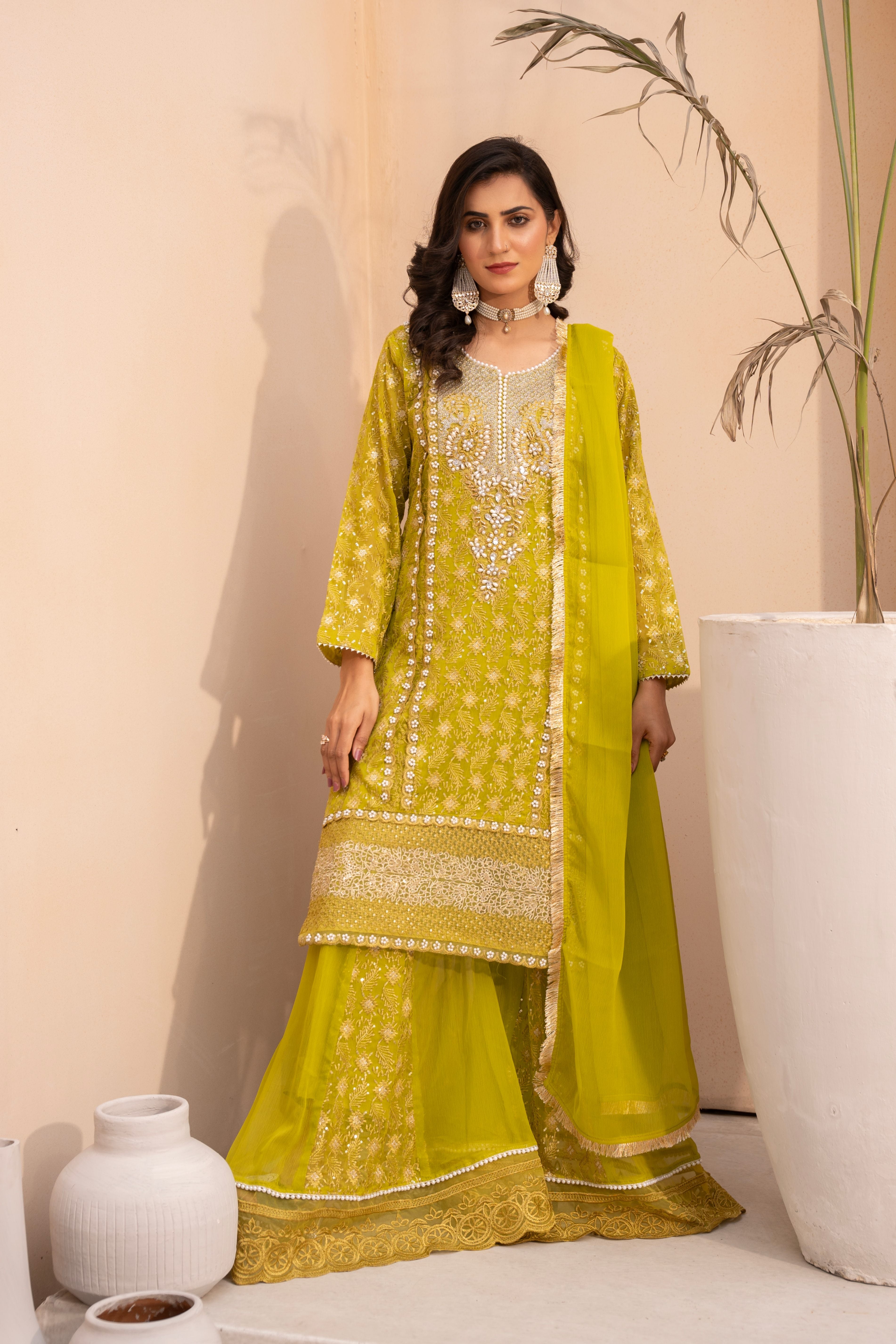 chiffon Sharara in Chartreuse