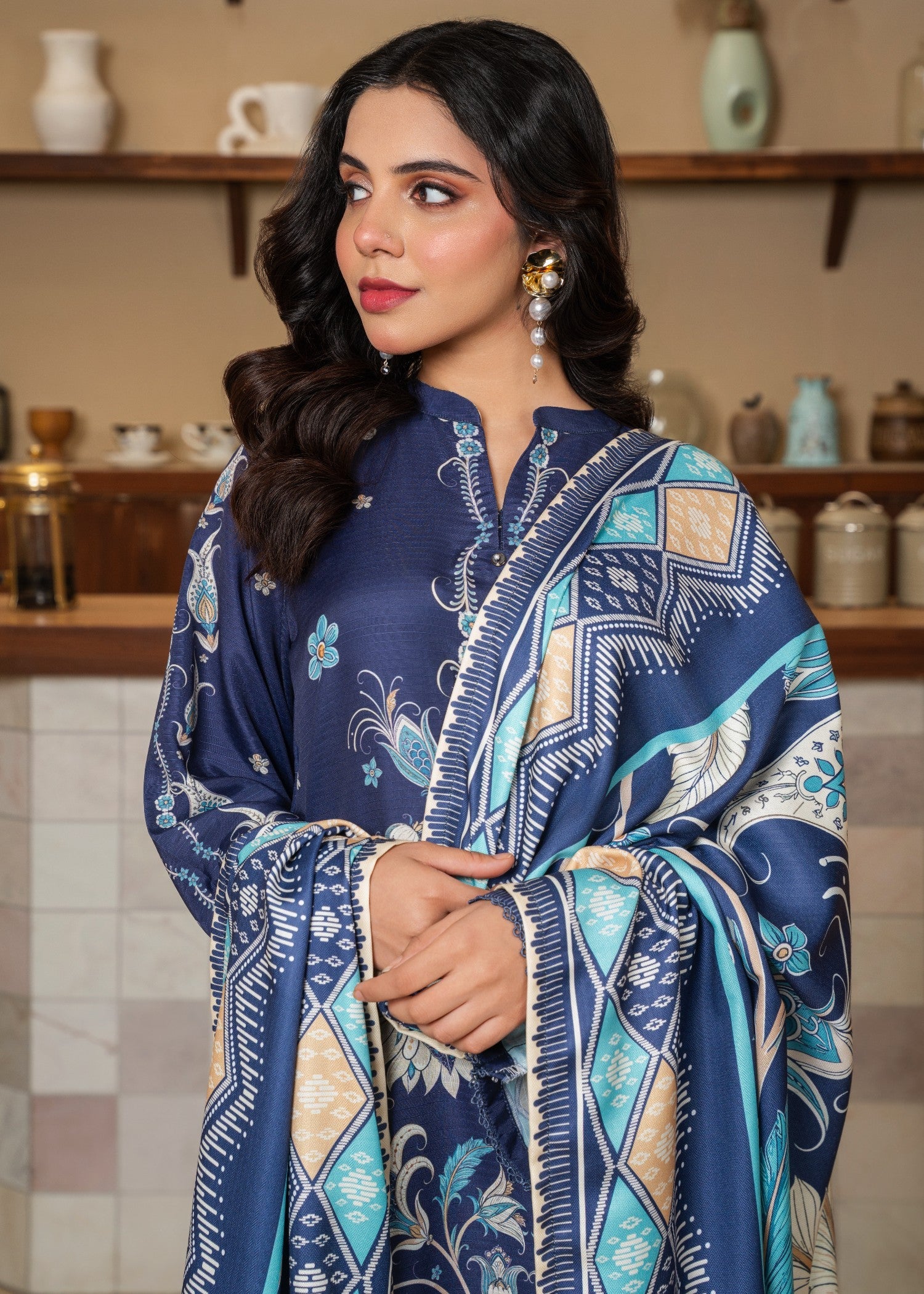 pashmina Kurta Set in Navy blue