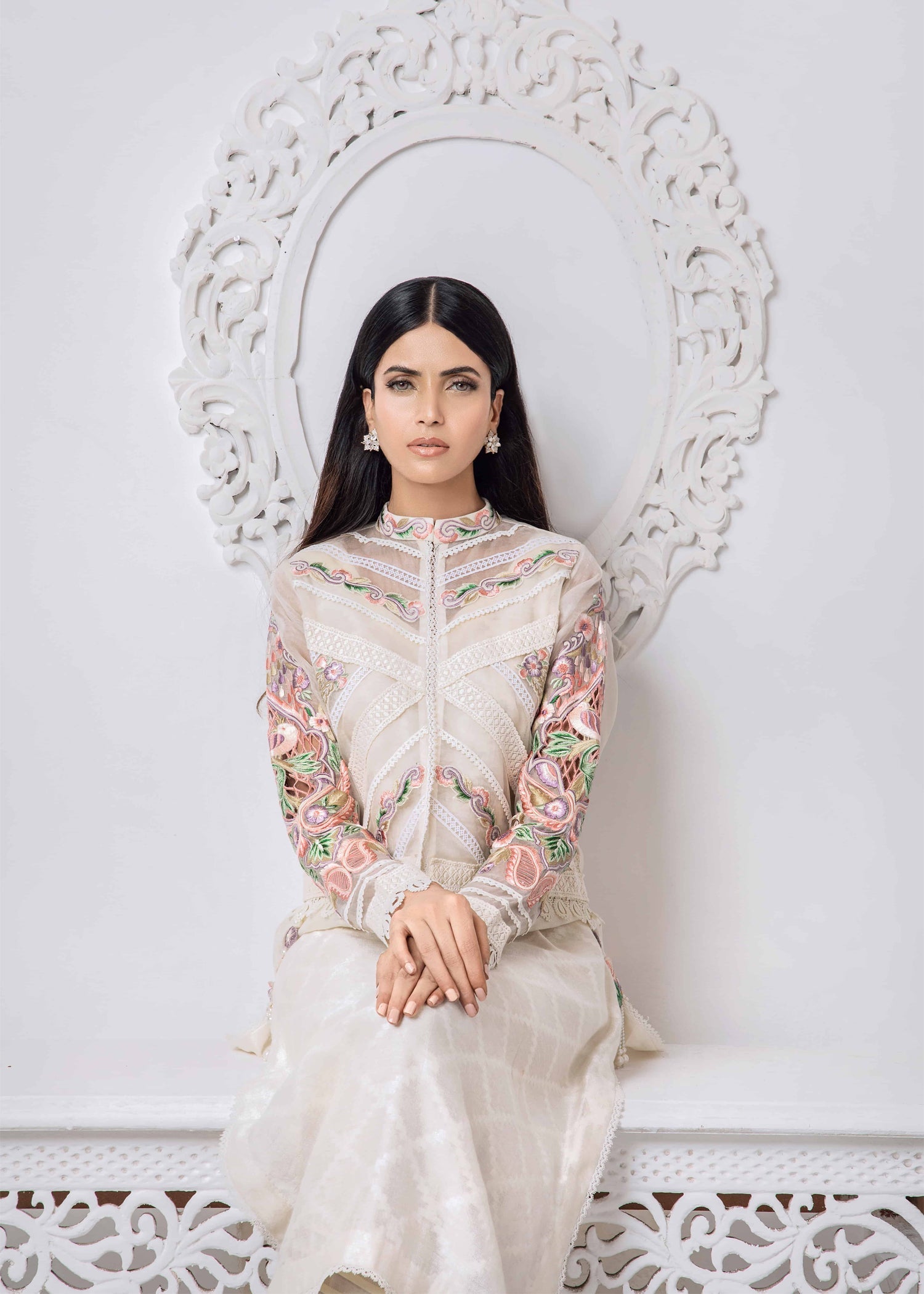 khaddi net Jacket in Ivory