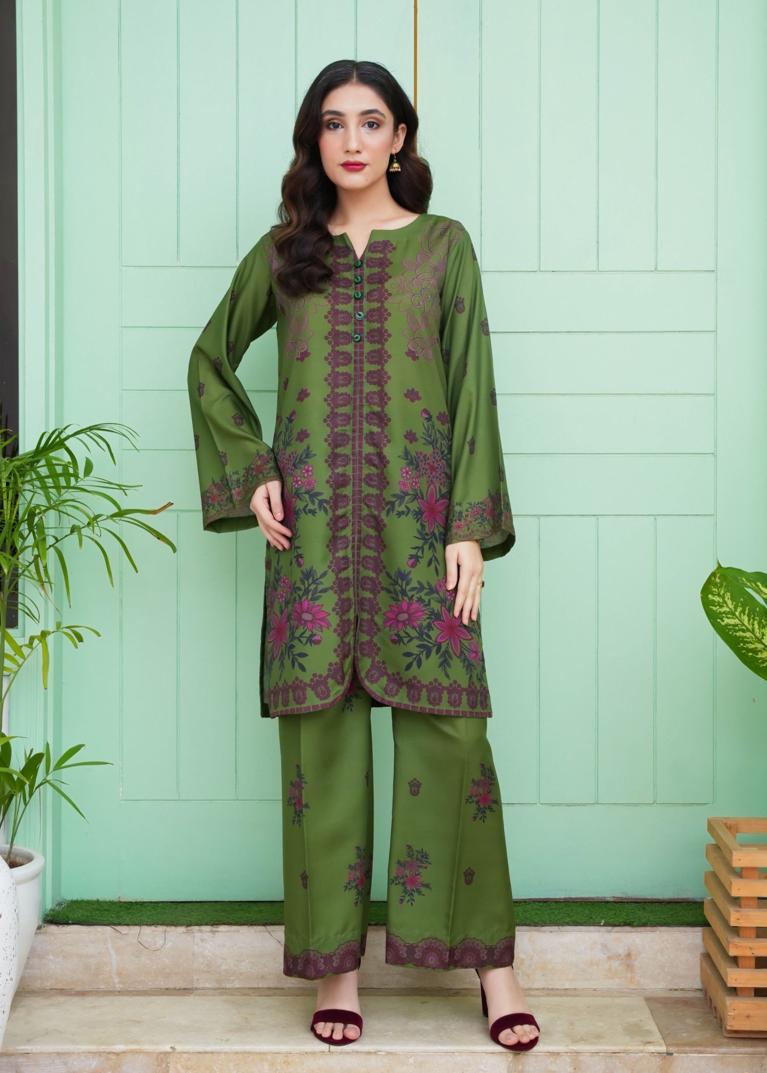 slub cambric Kurta Set in Yellow green
