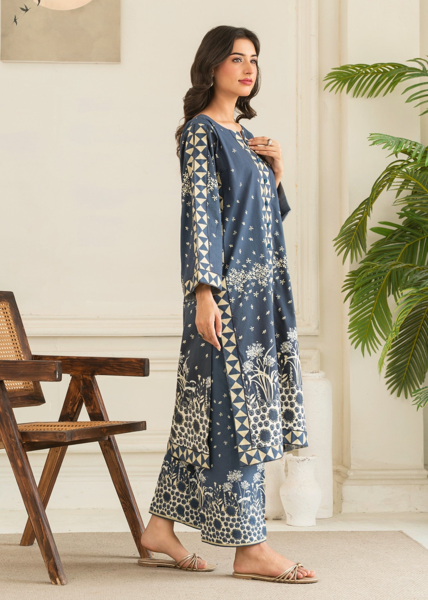 cotton Co Ord Sets in Dark blue, beige