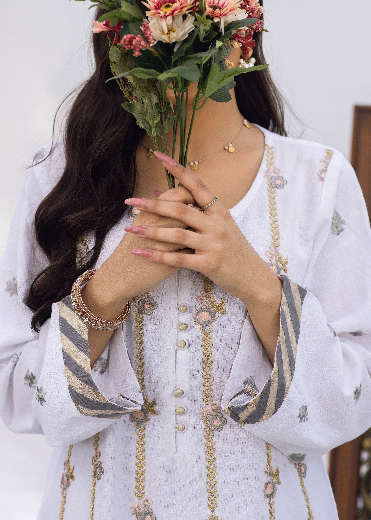self jacquard Kurti in White