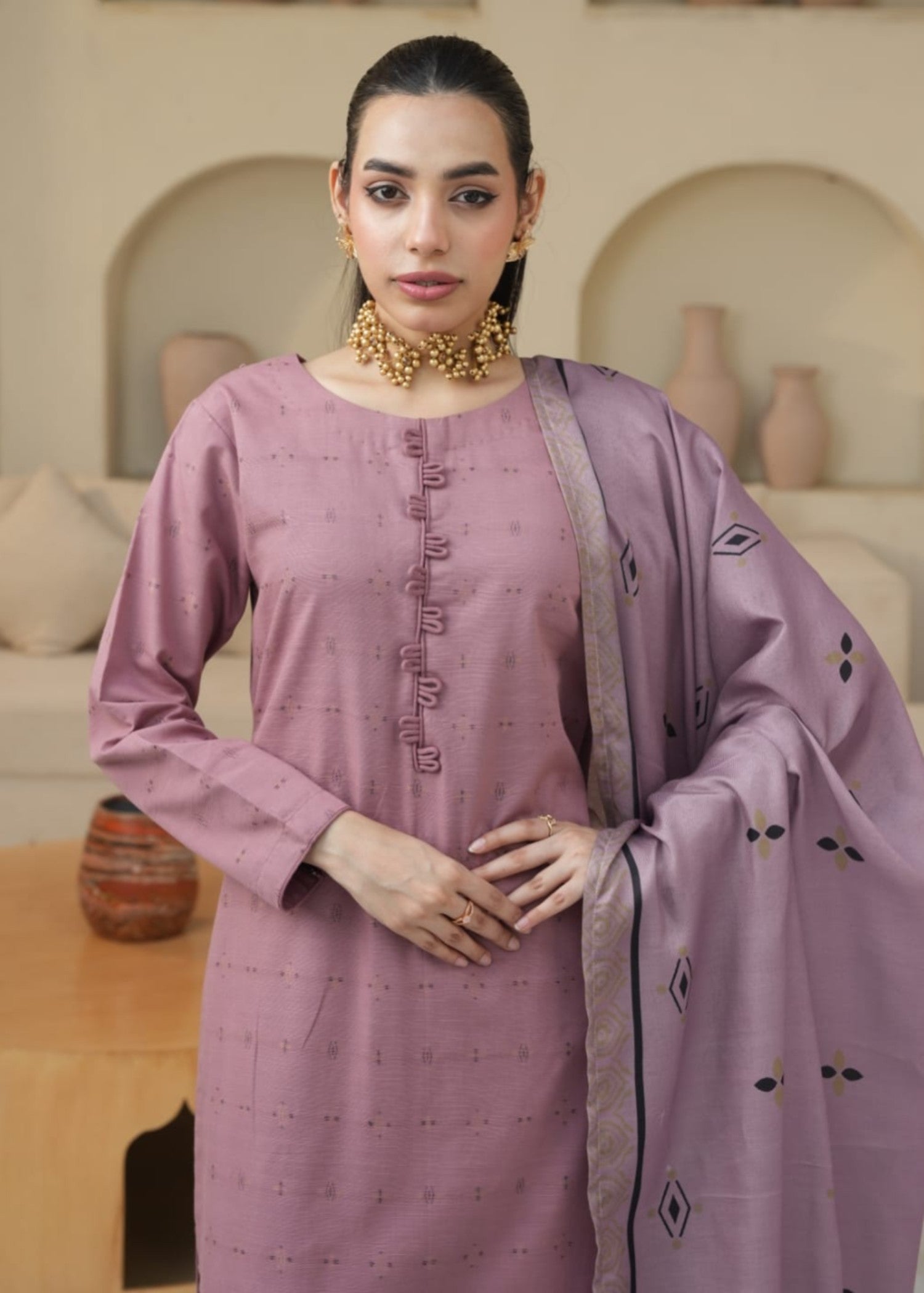 khaddar Kurta Set in Mauve pink