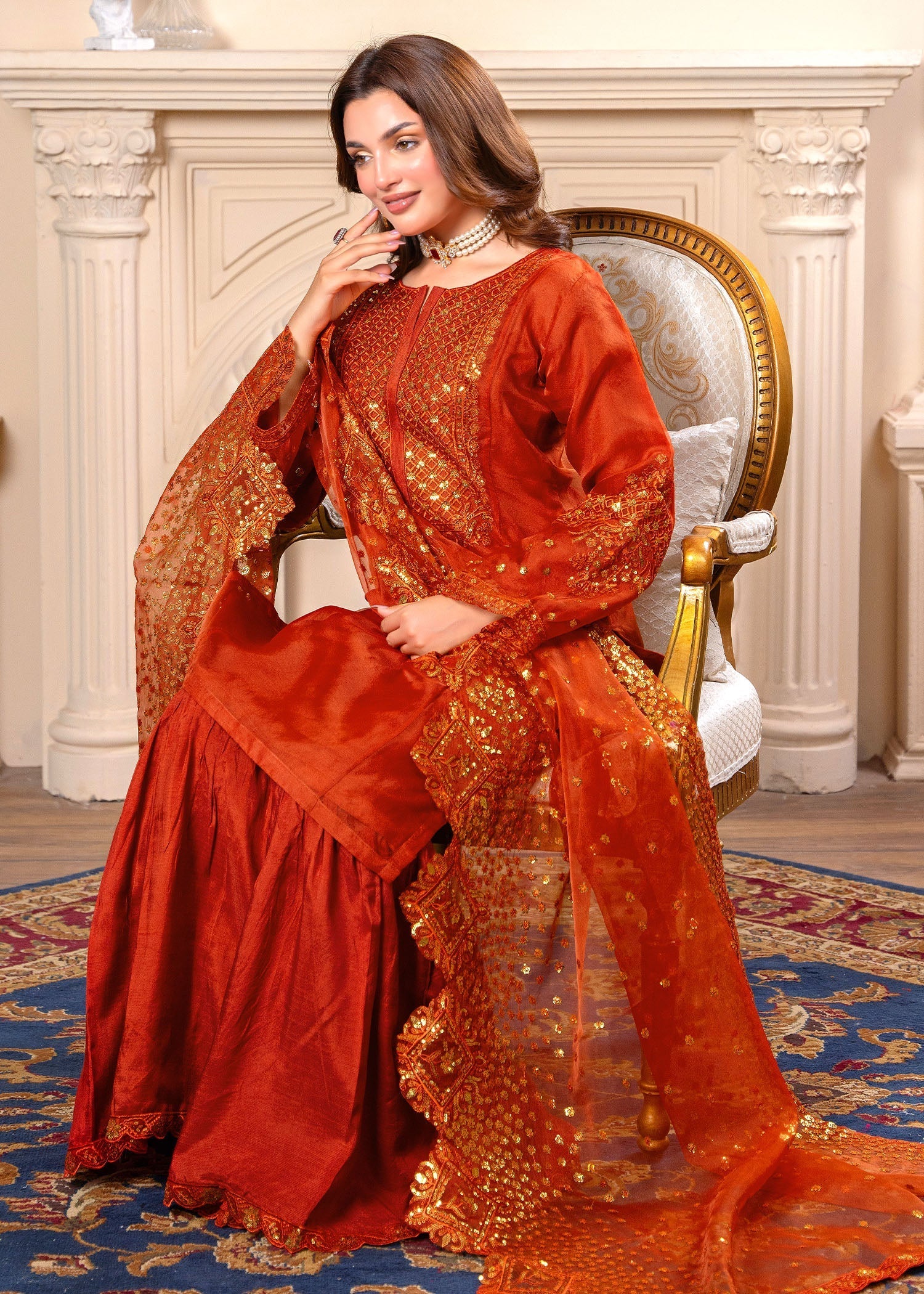 organza Gharara in Rust orange