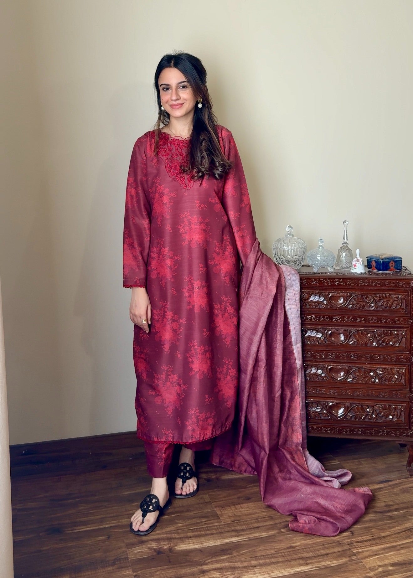 slub khaddar Kurta Set in Mauve