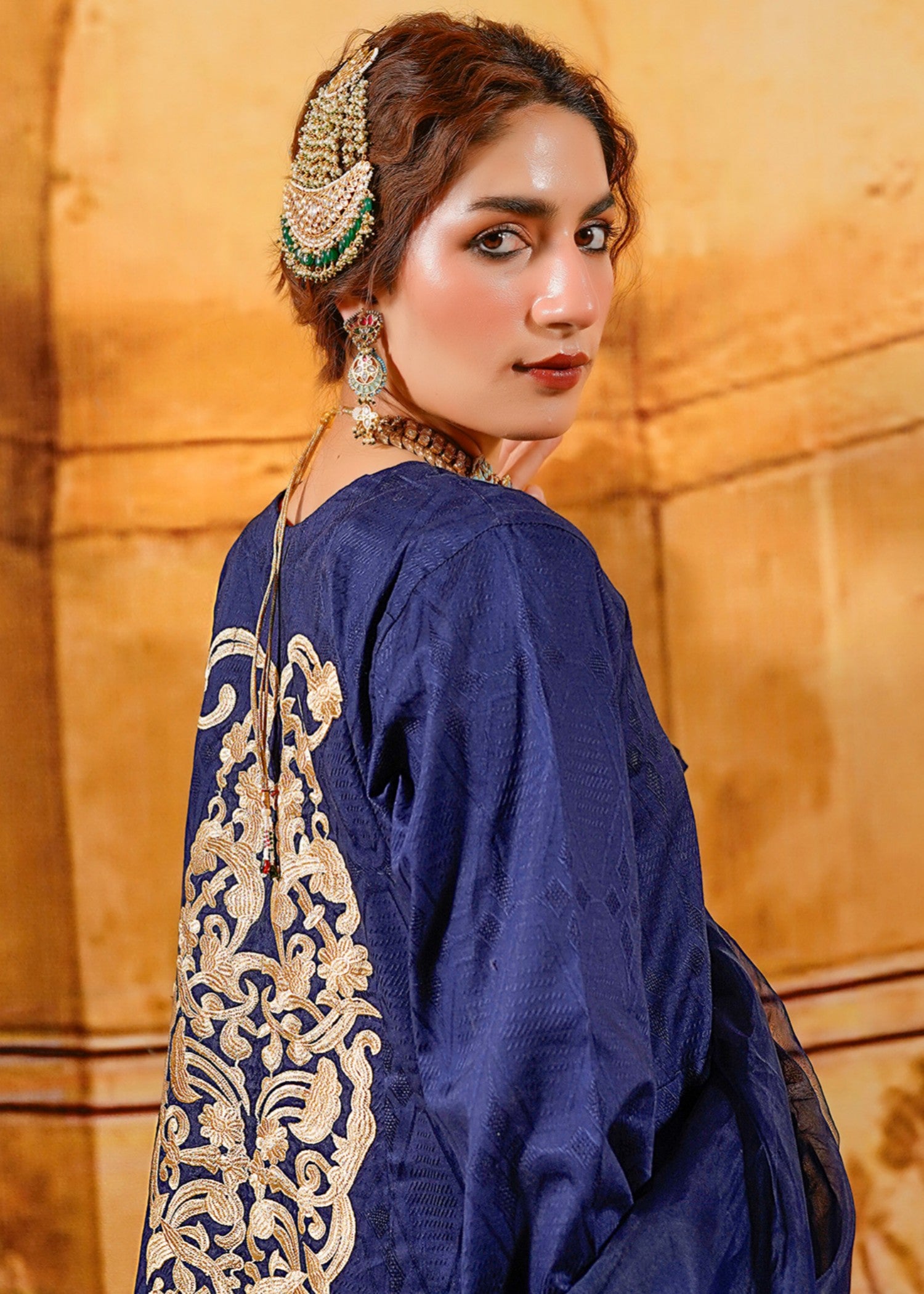 cotton jacquard Kurta Set in Navy blue